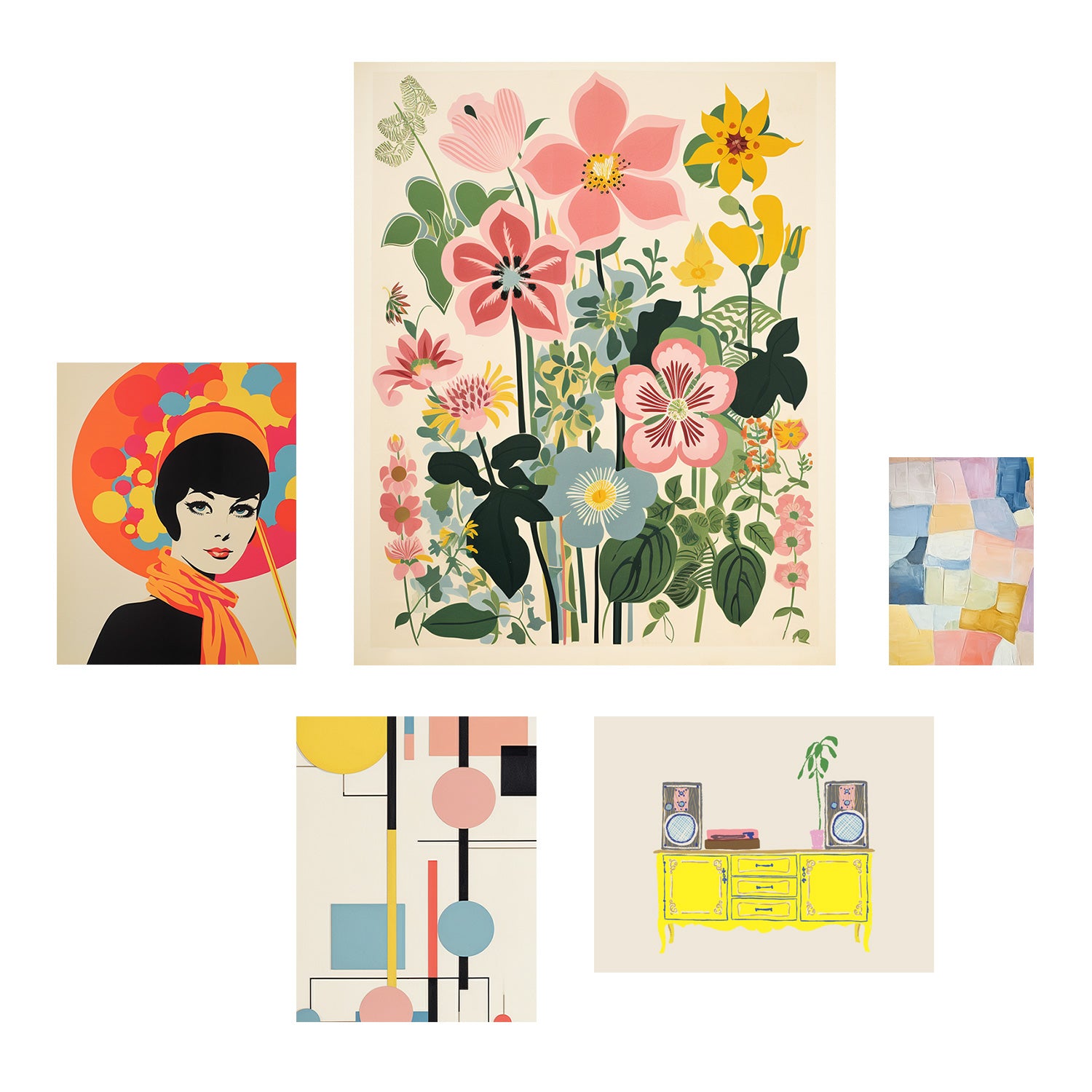 A Stannie & Lloyd art gallery wall displaying a collection of stunning Modern Millie prints featuring a woman surrounded by exquisite flowers.