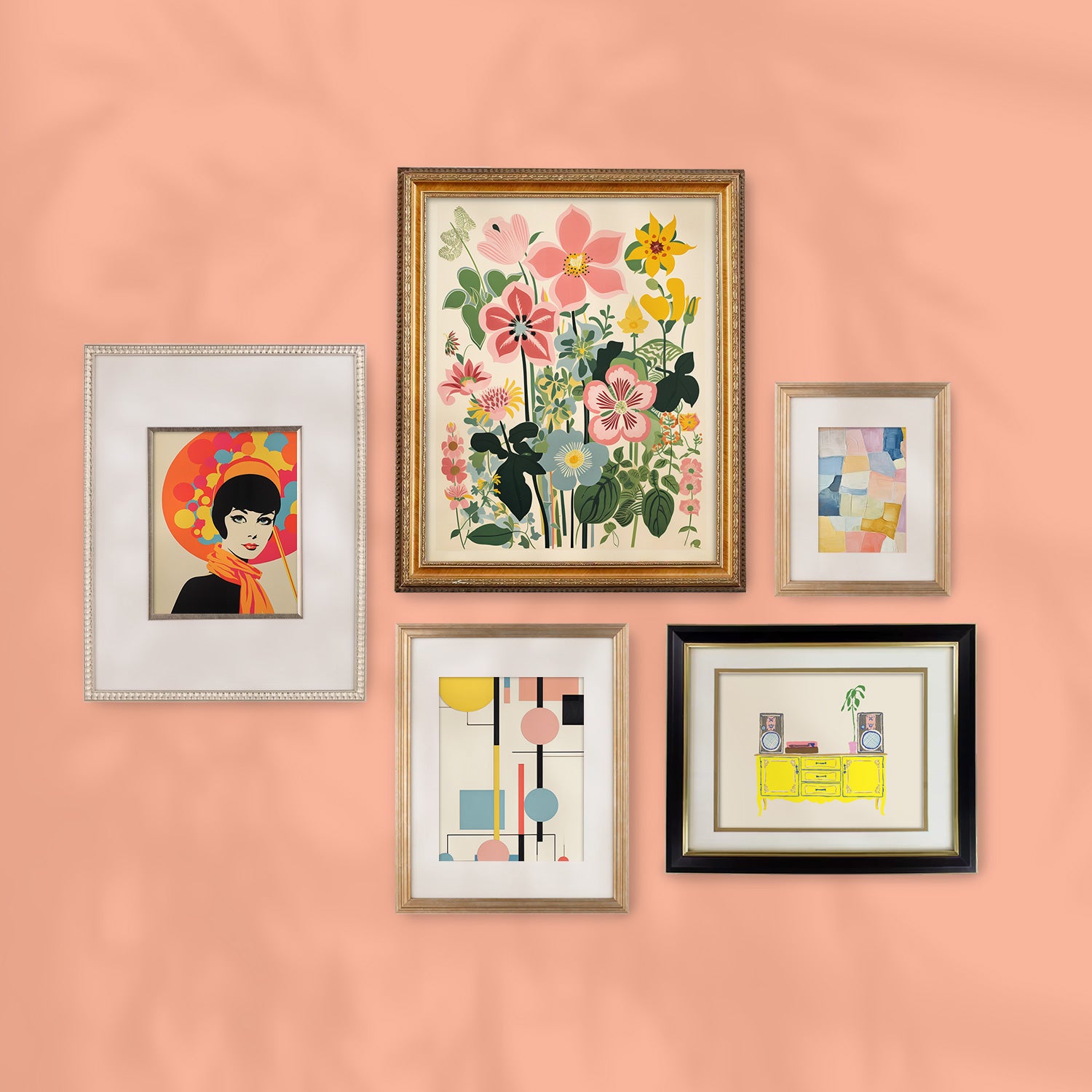 A Stannie & Lloyd gallery wall featuring four Modern Millie art frames on a pink background.