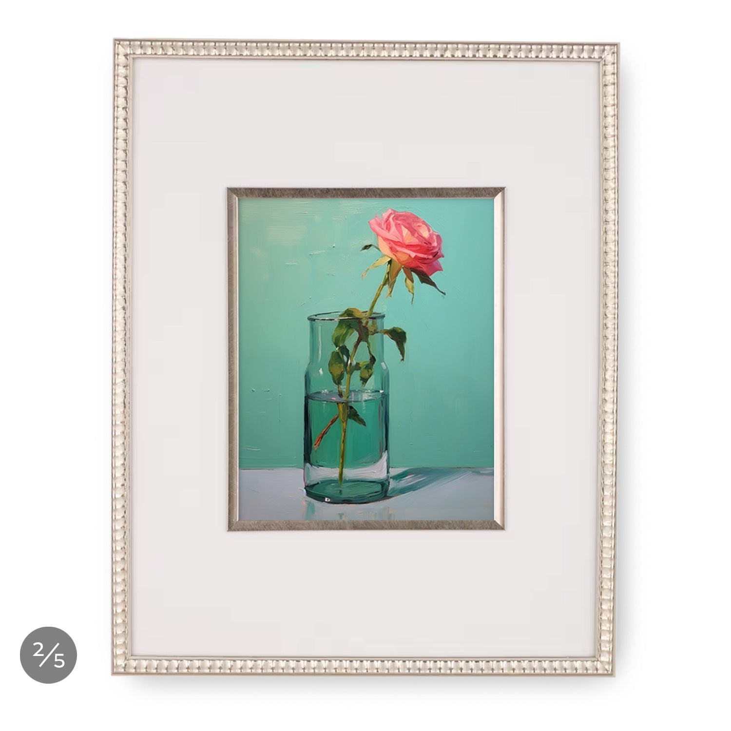 A painting of a pink rose in a glass vase by designer Margot Wells, perfect for mix and match frames to create the ultimate Stannie & Lloyd Gallery Wall | Modern Love | 5 Piece Set.