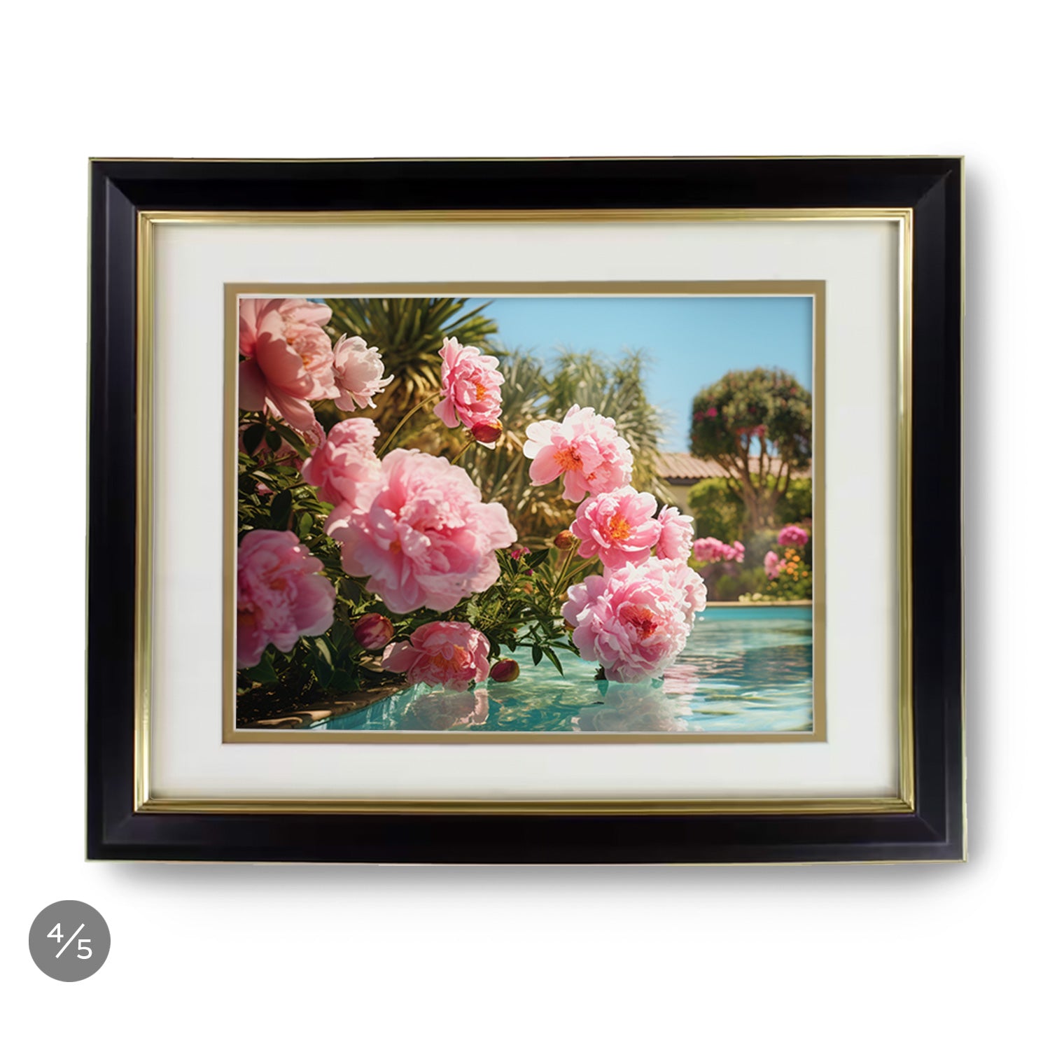 A framed picture of pink peonies near a Stannie & Lloyd Gallery Wall | Modern Love | 5 Piece Set pool.