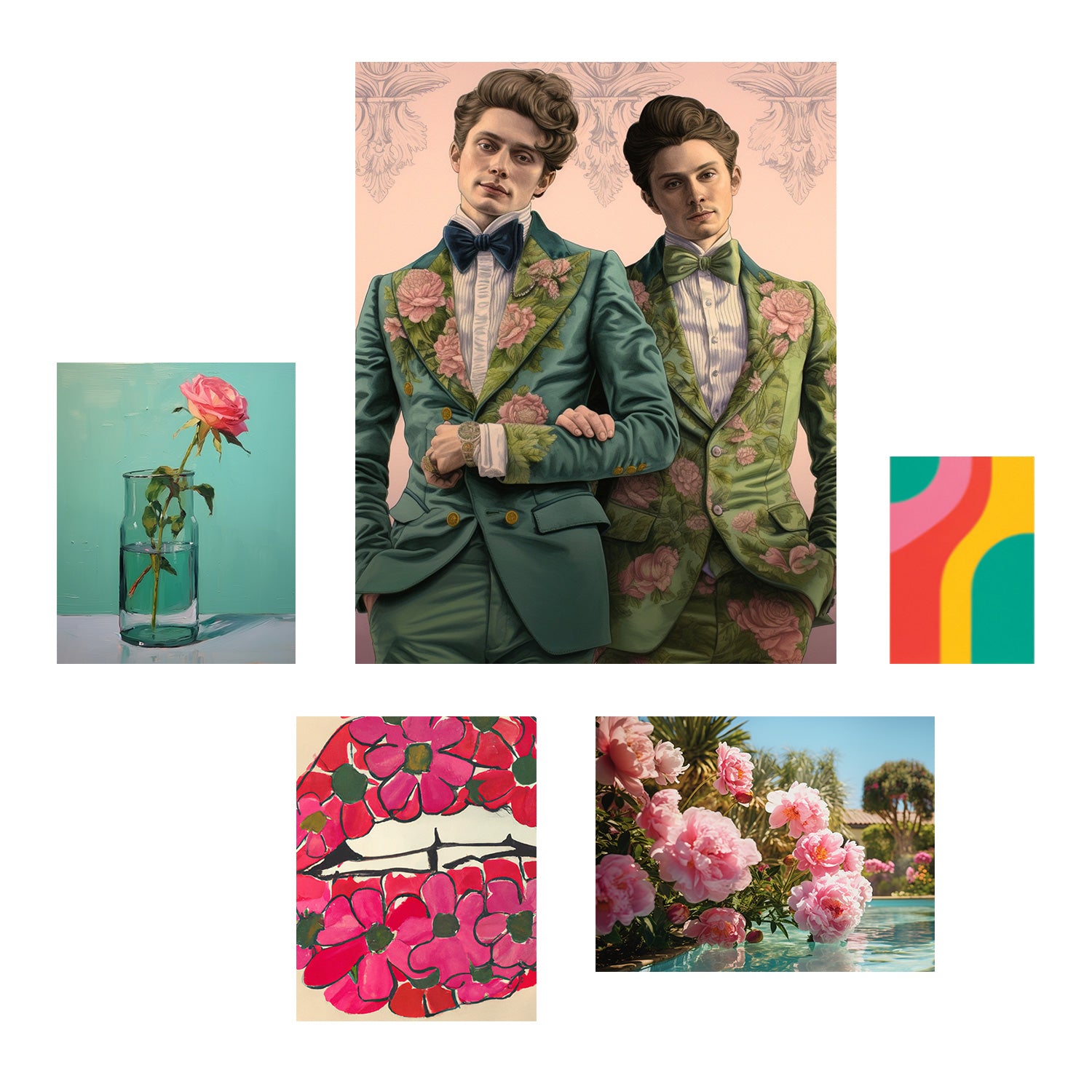 A designer Stannie & Lloyd's ultimate Modern Love gallery wall featuring a collage of photos of men in suits and flowers, beautifully curated with mix and match frames.