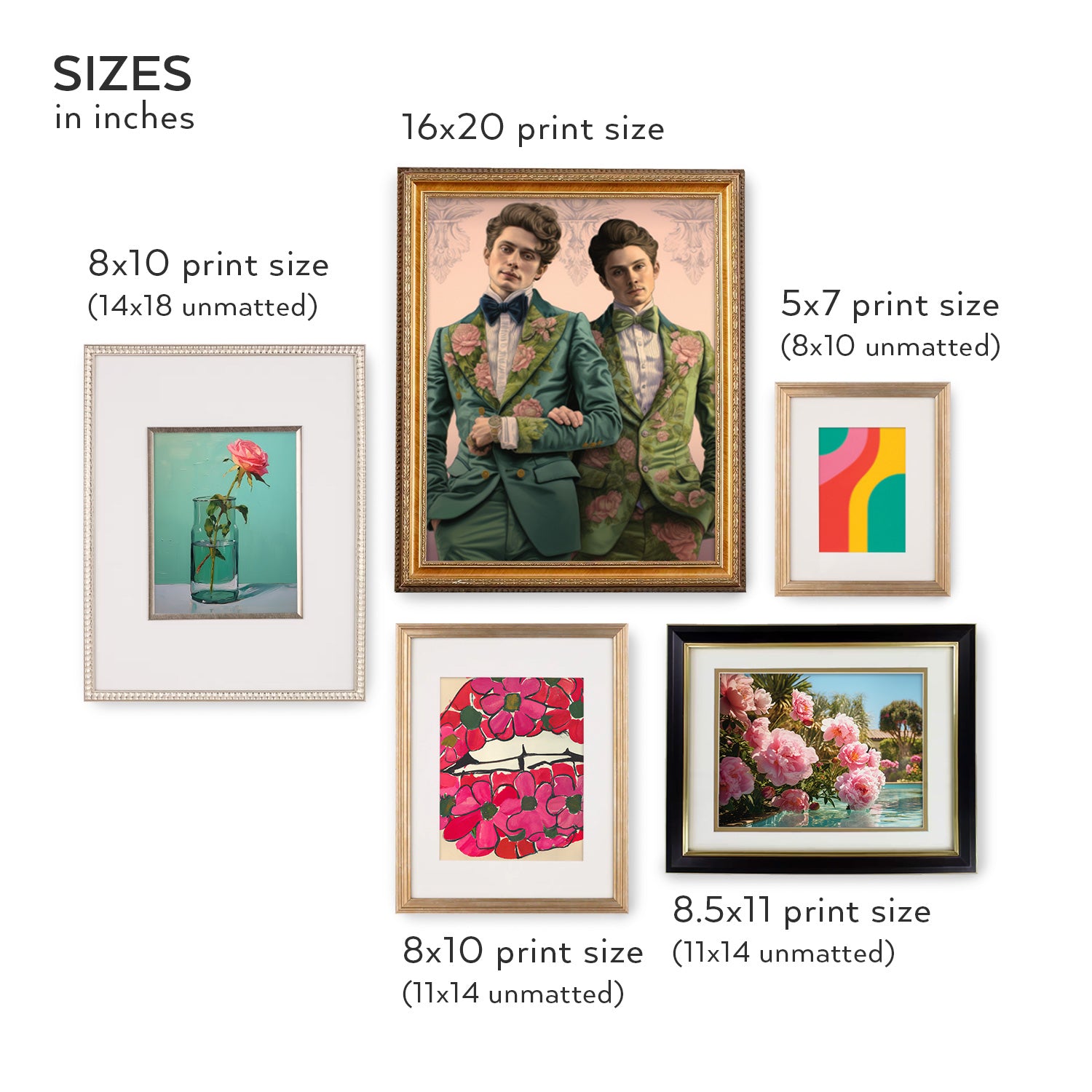 A chart showcasing the various sizes of framed prints for the ultimate Gallery Wall | Modern Love | 5 Piece Set, curated by designer Margot Wells and offered by Stannie & Lloyd.