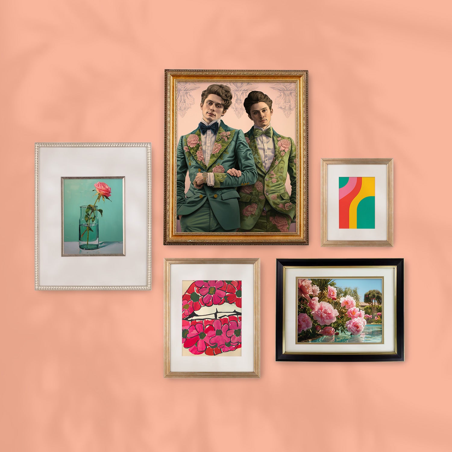 A designer Stannie & Lloyd-created ultimate Modern Love gallery wall showcasing a mix and match frames on a pink wall.