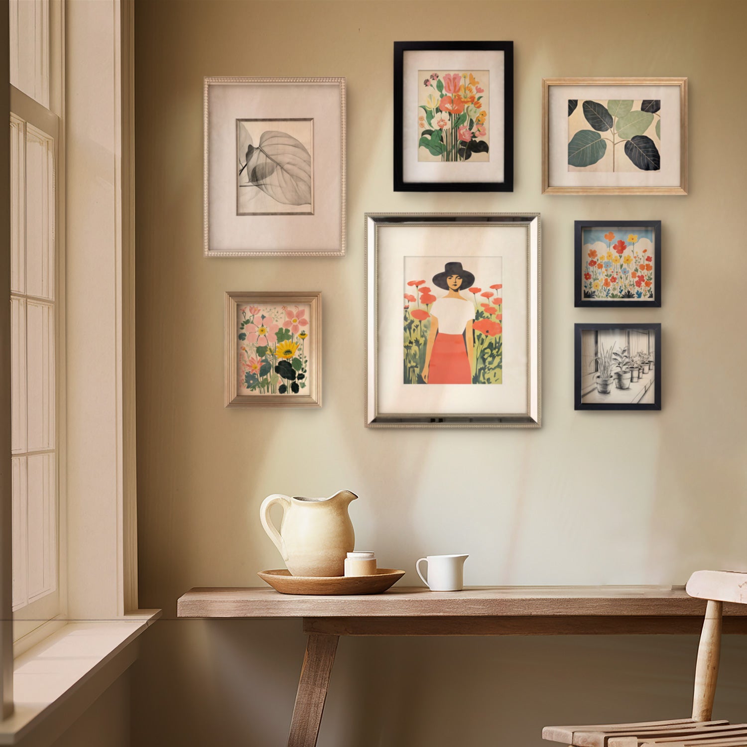 A room with a Stannie & Lloyd Gallery Wall adorned with framed art.