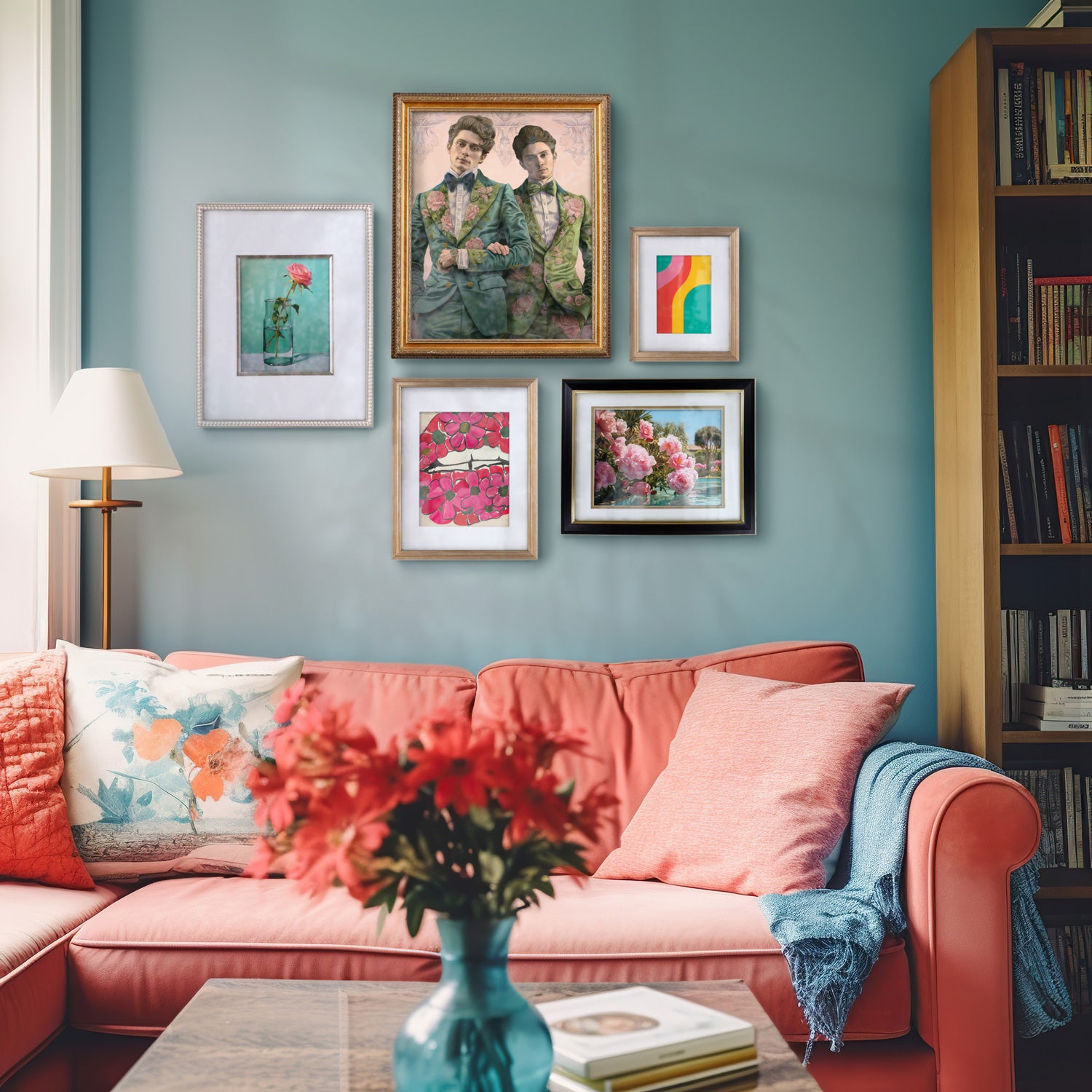 A living room with a pink Gallery Wall | Modern Love | 5 Piece Set couch and mix and match frames from Stannie & Lloyd.