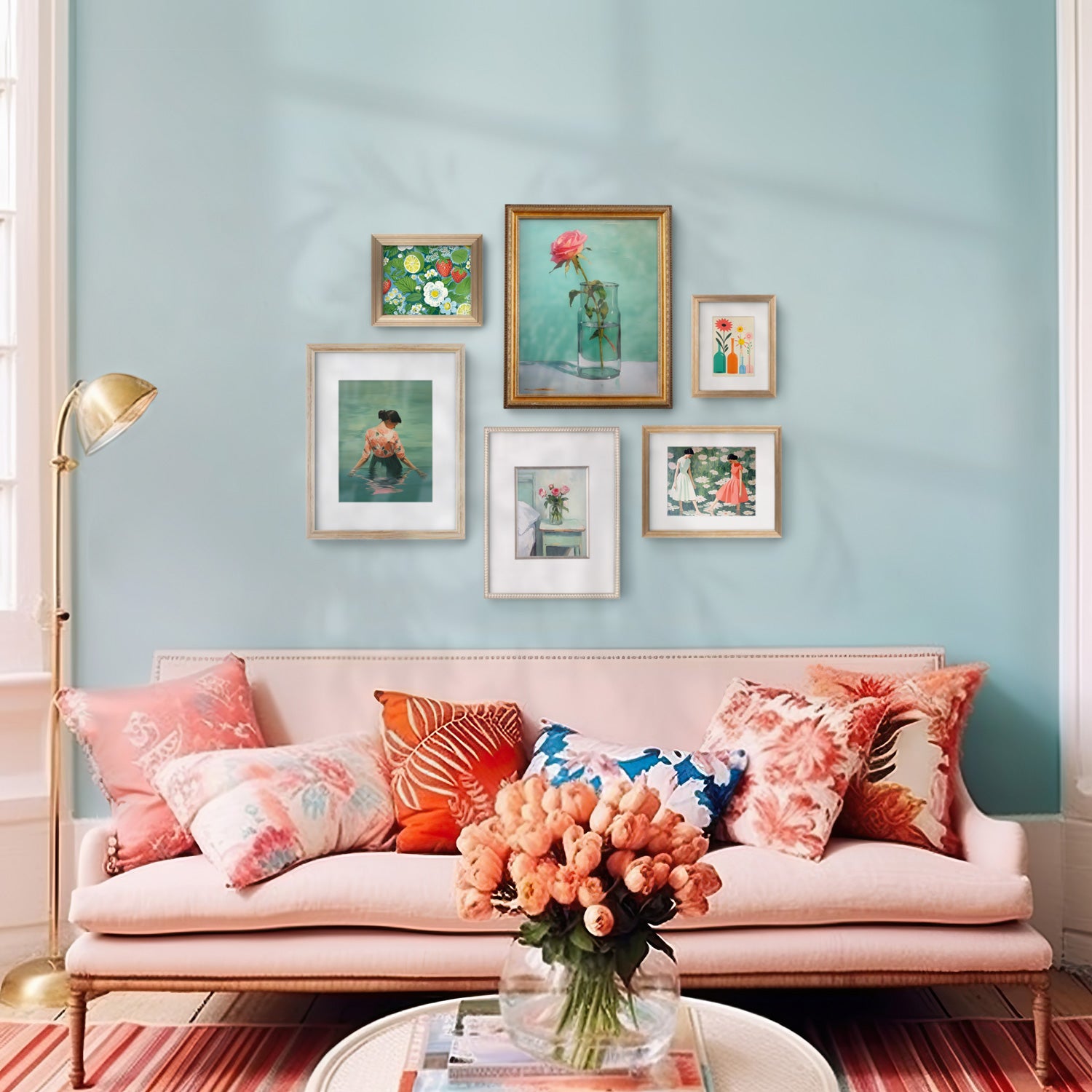 A living room with blue walls and a pink couch featuring a Stannie & Lloyd gallery wall with Sweet Tart mix and match frames.