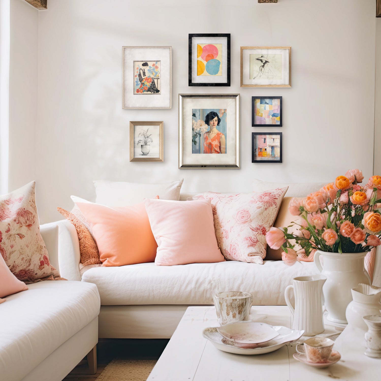 A living room with a Stannie & Lloyd gallery wall of framed artwork, featuring pink and white pillows as accents.