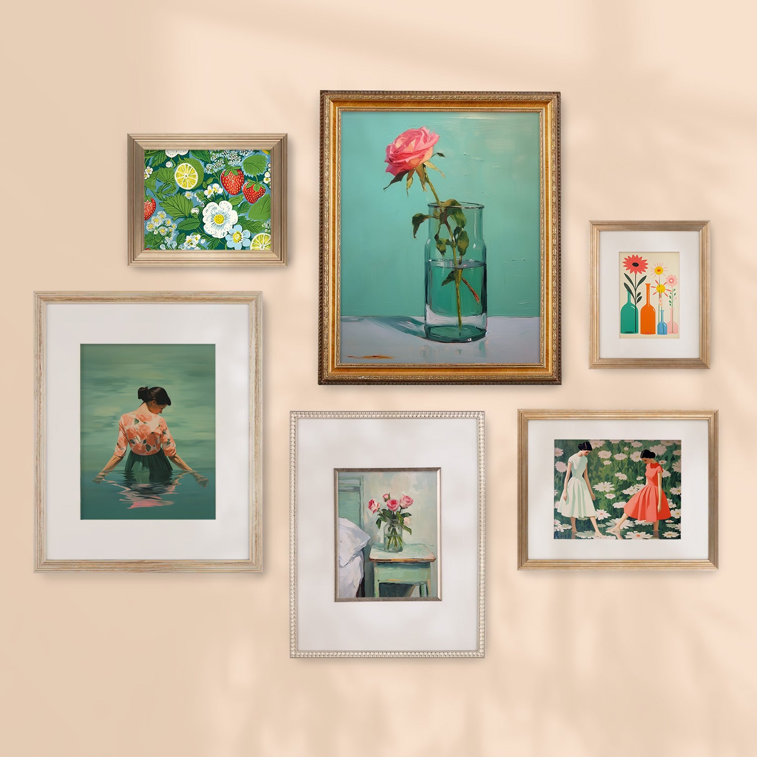 A Stannie & Lloyd gallery wall featuring mix and match frames with various art pieces, the Sweet Tart 6 Piece Set.
