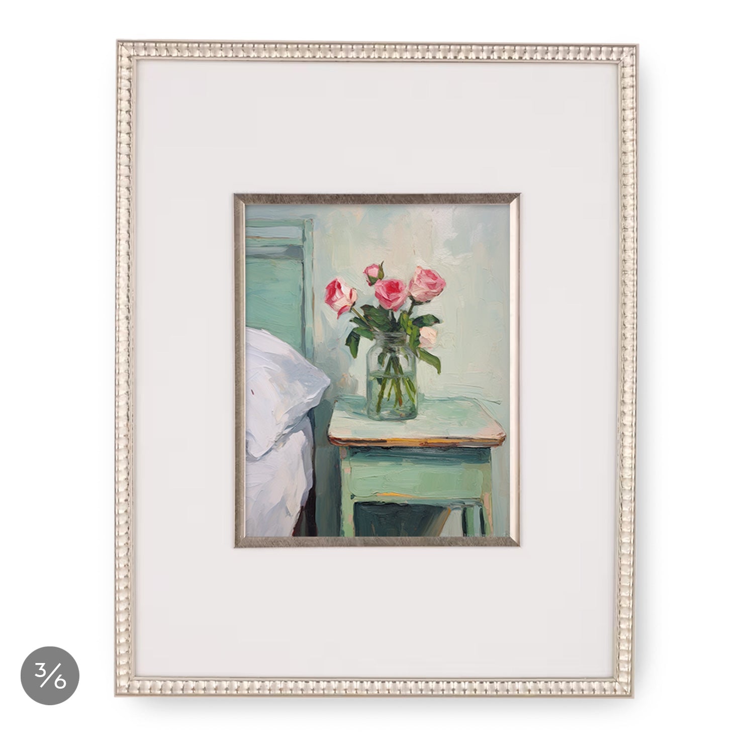A stunning art piece showcasing vibrant roses in a vase on a green table, perfect for adding a touch of elegance to any Stannie & Lloyd Gallery Wall | Sweet Tart | 6 Piece Set.