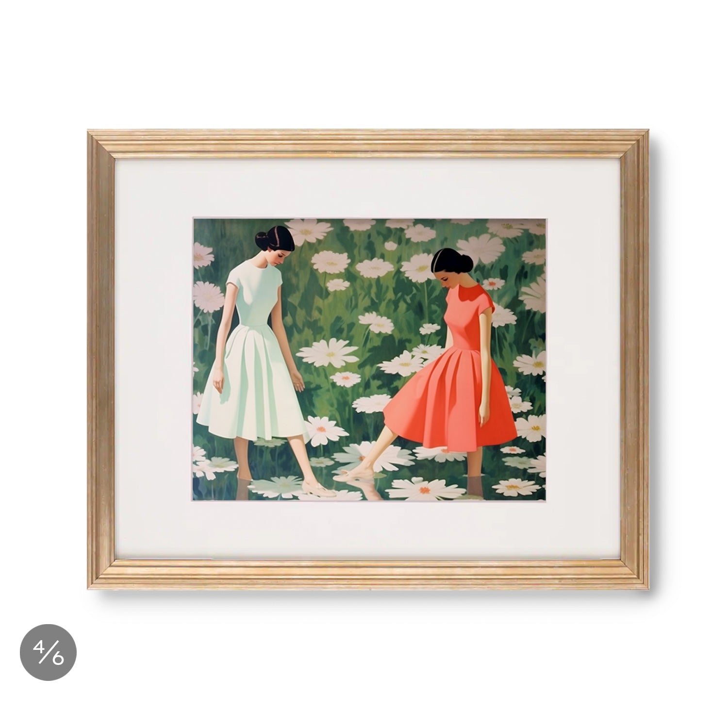 Two women in dresses walking through a field of daisies. The enchanting scene captures the essence of natural beauty and serenity, making Gallery Wall | Sweet Tart | 6 Piece Set by Stannie & Lloyd a perfect choice for art enthusiasts looking to create.