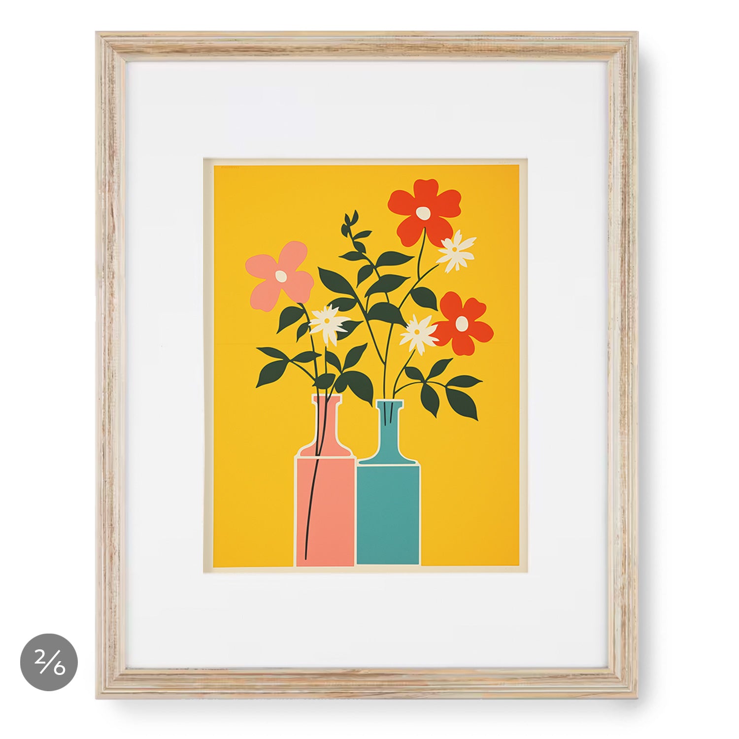 A mix and match framed print with flowers in vases on a yellow background, perfect for creating the Gallery Wall | Don't Forget to Water the Flowers | 6 Piece Set by Stannie & Lloyd. Designed by Margot Wells.