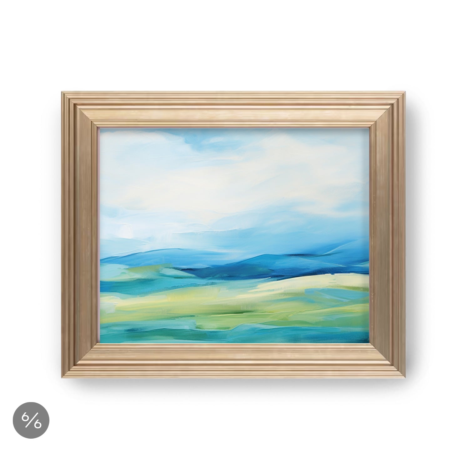 A framed painting of a blue and green landscape from the Stannie & Lloyd brand, perfect for a Gallery Wall | Don't Forget to Water the Flowers | 6 Piece Set or to mix and match frames.