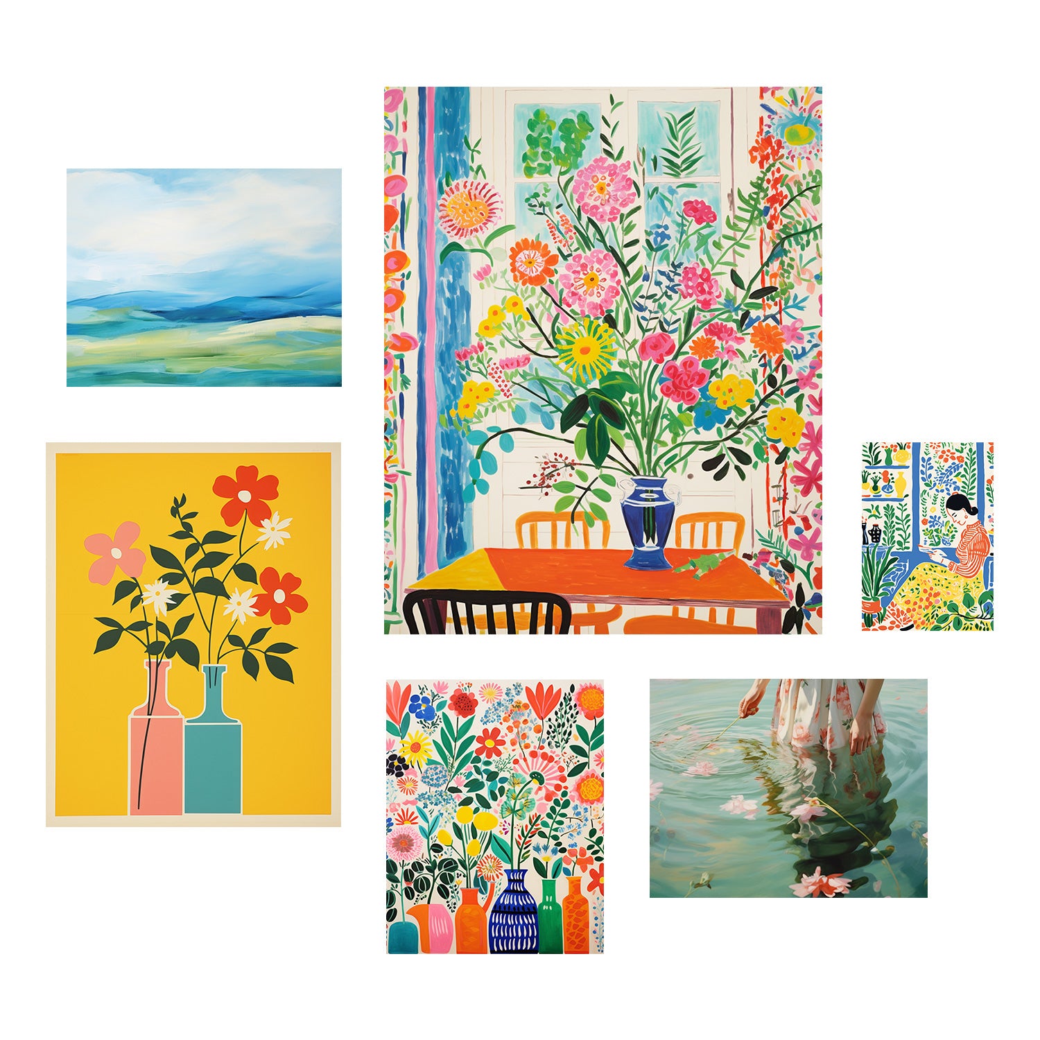 A Stannie & Lloyd gallery wall of colorful paintings incorporating flowers, featuring mix and match frames curated by designer Margot Wells, called the "Don't Forget to Water the Flowers" 6 Piece Set.