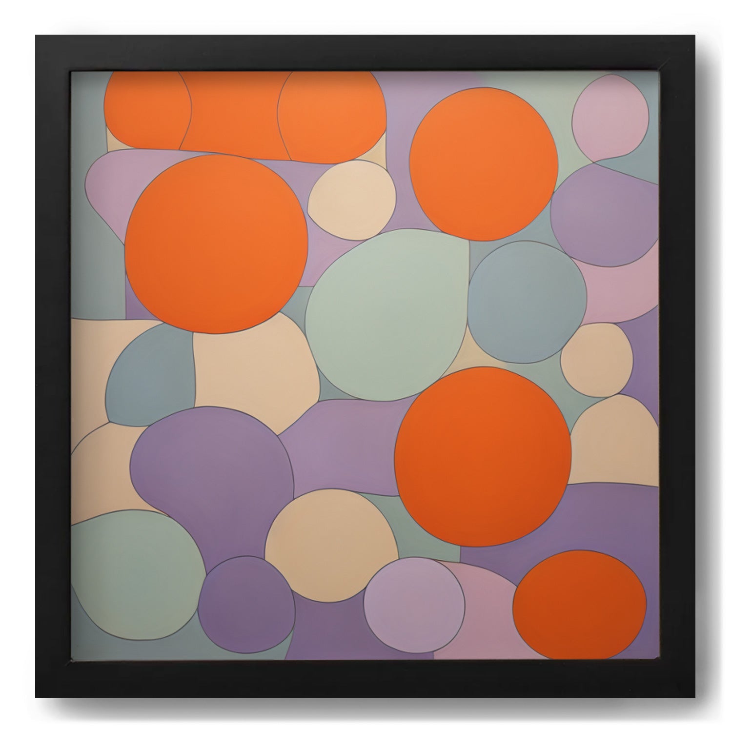 A framed painting with orange, purple and beige circles, perfect as wall art for living room called "I Want to Be Like Iris Apfel" by Stannie & Lloyd.