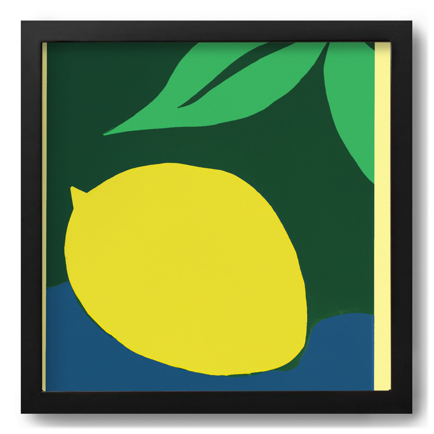 A framed print of a I Say Lemon by Stannie & Lloyd on a blue background, perfect as wall decor or for adding a touch of freshness to your living room.