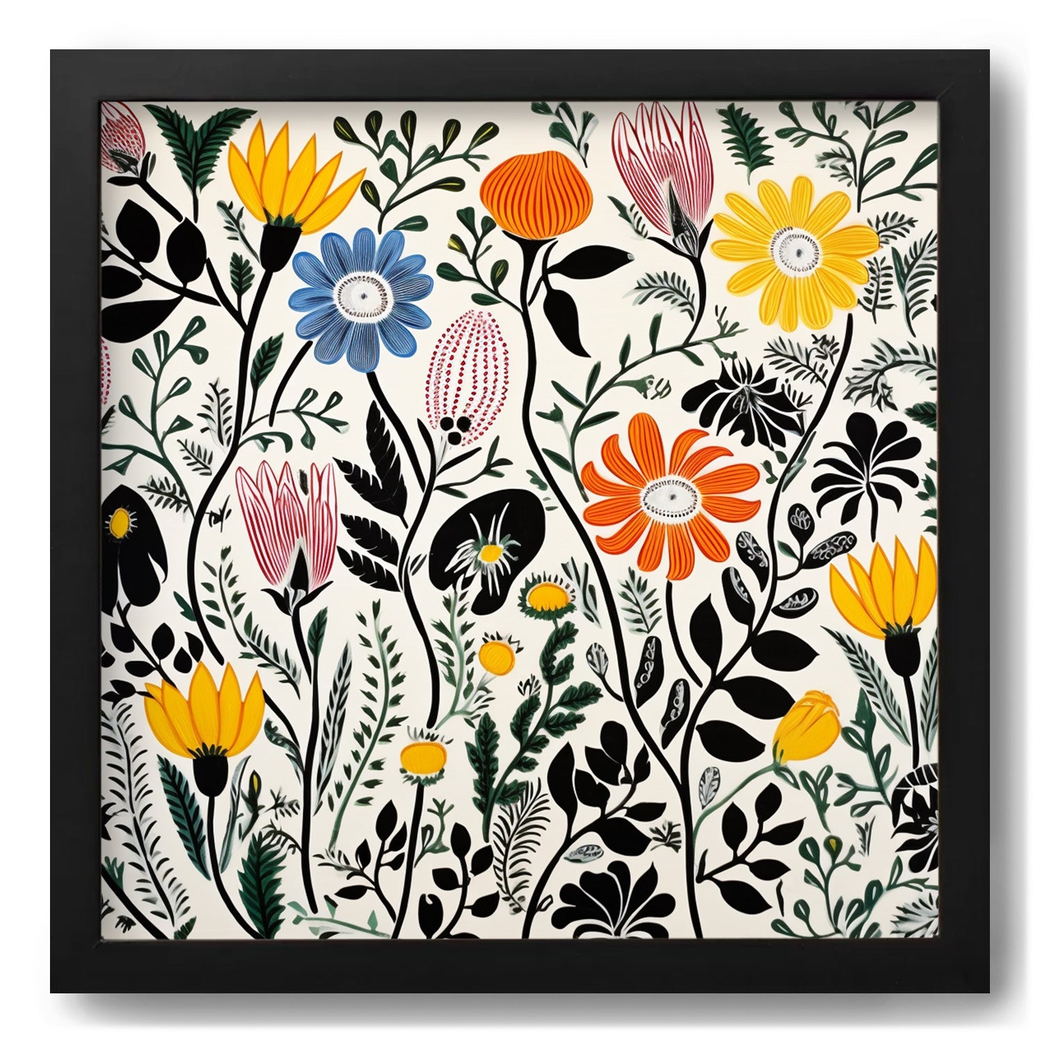 A "There is a Sun Above" by Stannie & Lloyd black framed print with colorful flowers on it can be categorized as a modern wall art.