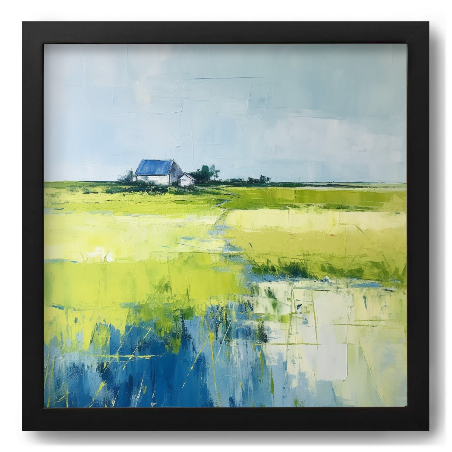 A painting of a green field with a house in the background available as prints and posters called "We Don't Have to Go Anywhere Else" by Stannie & Lloyd.