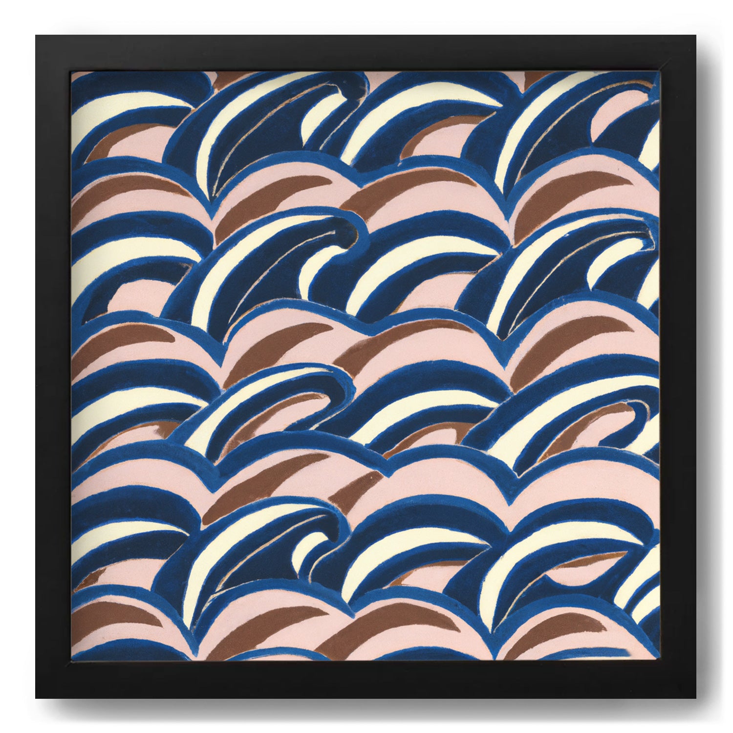 A Neo Waves poster from Stannie & Lloyd depicting a mesmerizing blue and brown wave pattern, perfect for adorning walls with art.