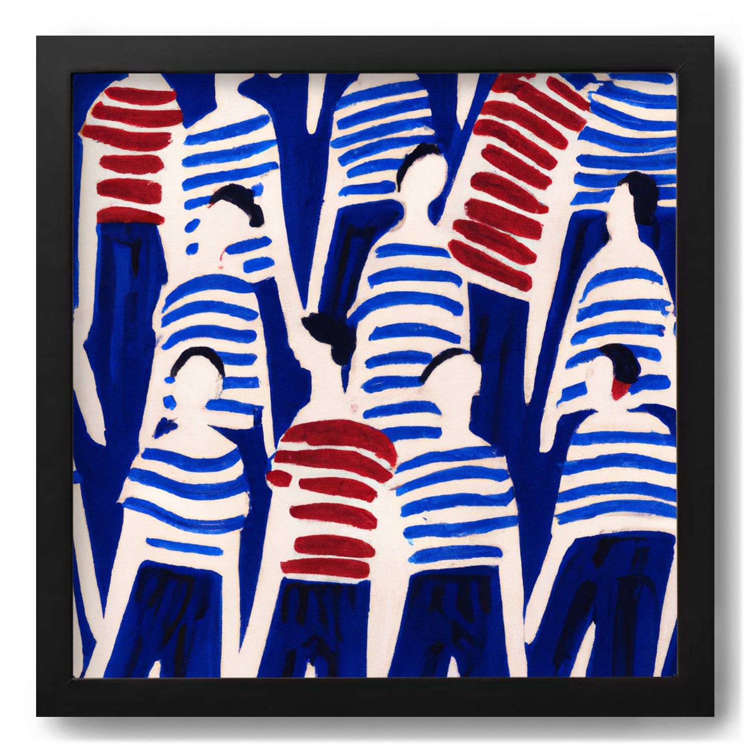 A vintage poster of a group of people wearing Oui Oui red and blue striped shirts by Stannie & Lloyd.