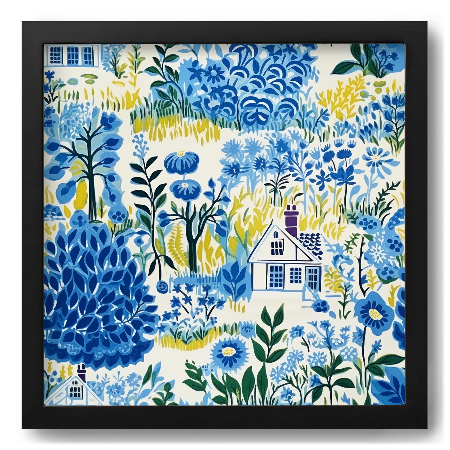 A Village Blue on Blue framed print with art and print of a house and flowers by Stannie & Lloyd.