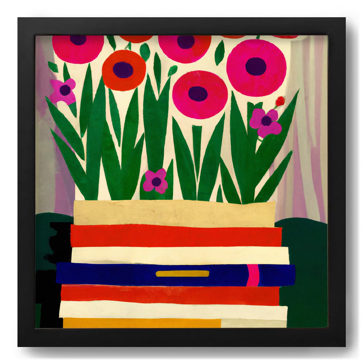 A beautiful painting of flowers in a vase, Corduroy & Fertilizer displayed on top of books, adding an exquisite touch to walls adorned with art.