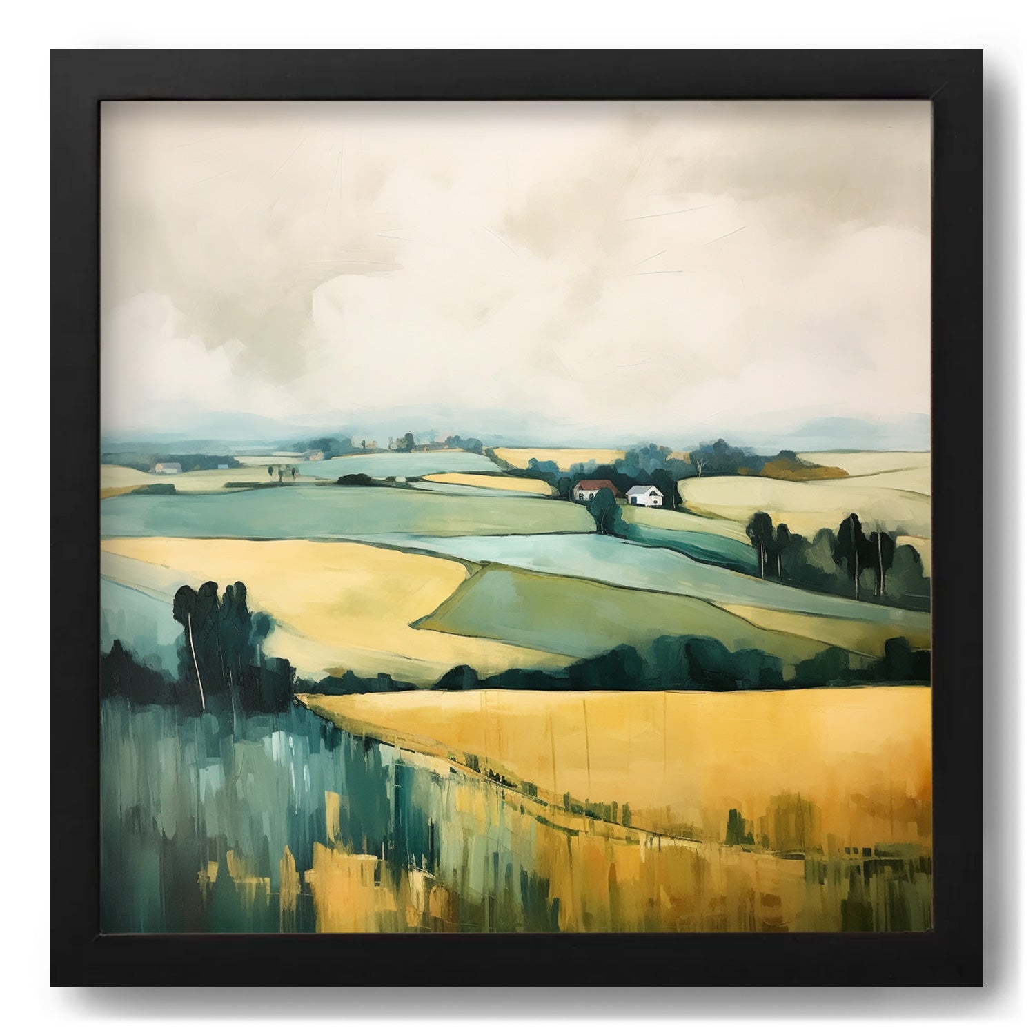 A vintage framed painting of Low Clouds, a yellow field with a farmhouse in the background by Stannie & Lloyd.