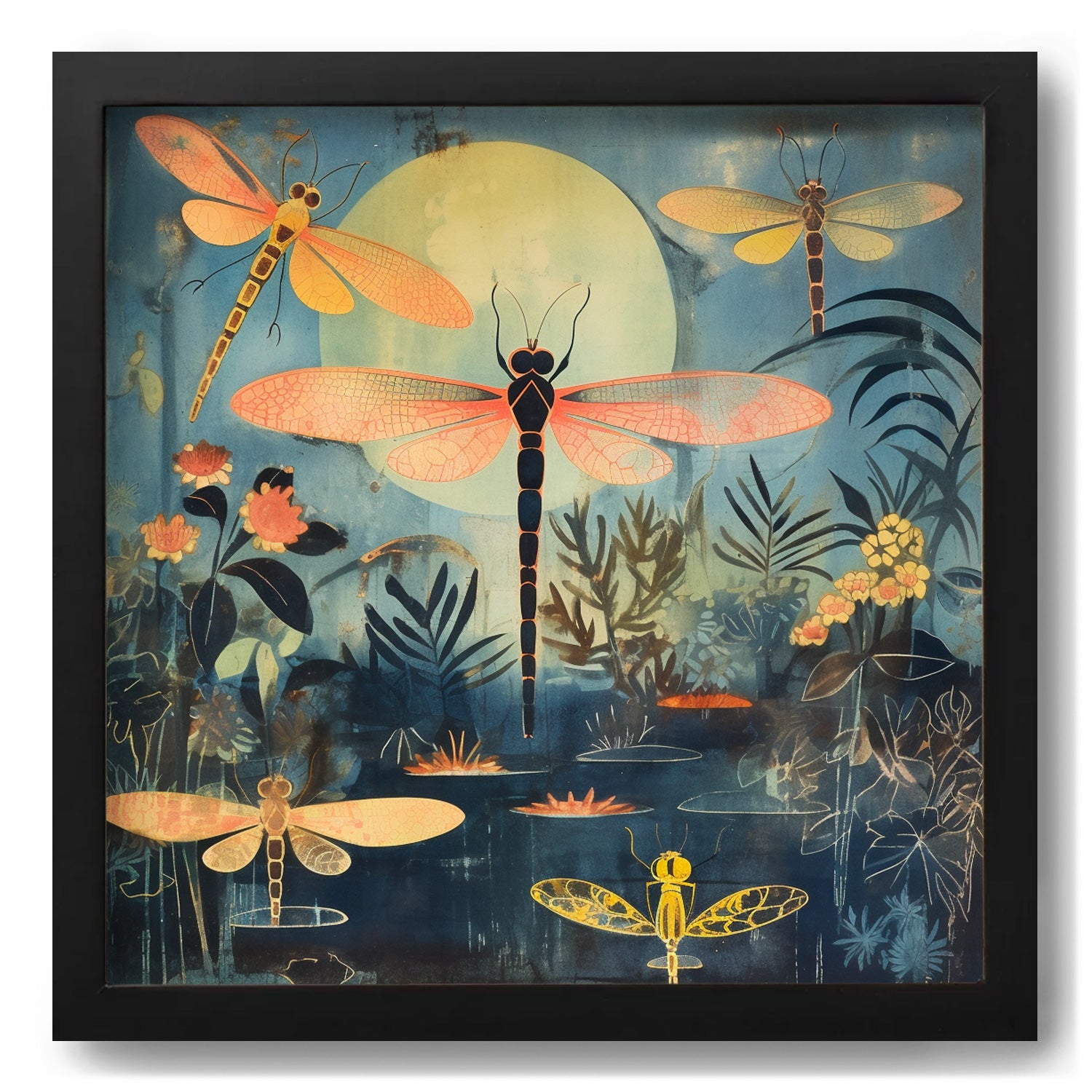 A maximalist art print of dragonflies and frogs, perfect for wall decor, called "If One Were to Dream, The Moon Would Always Glow" by Stannie & Lloyd.