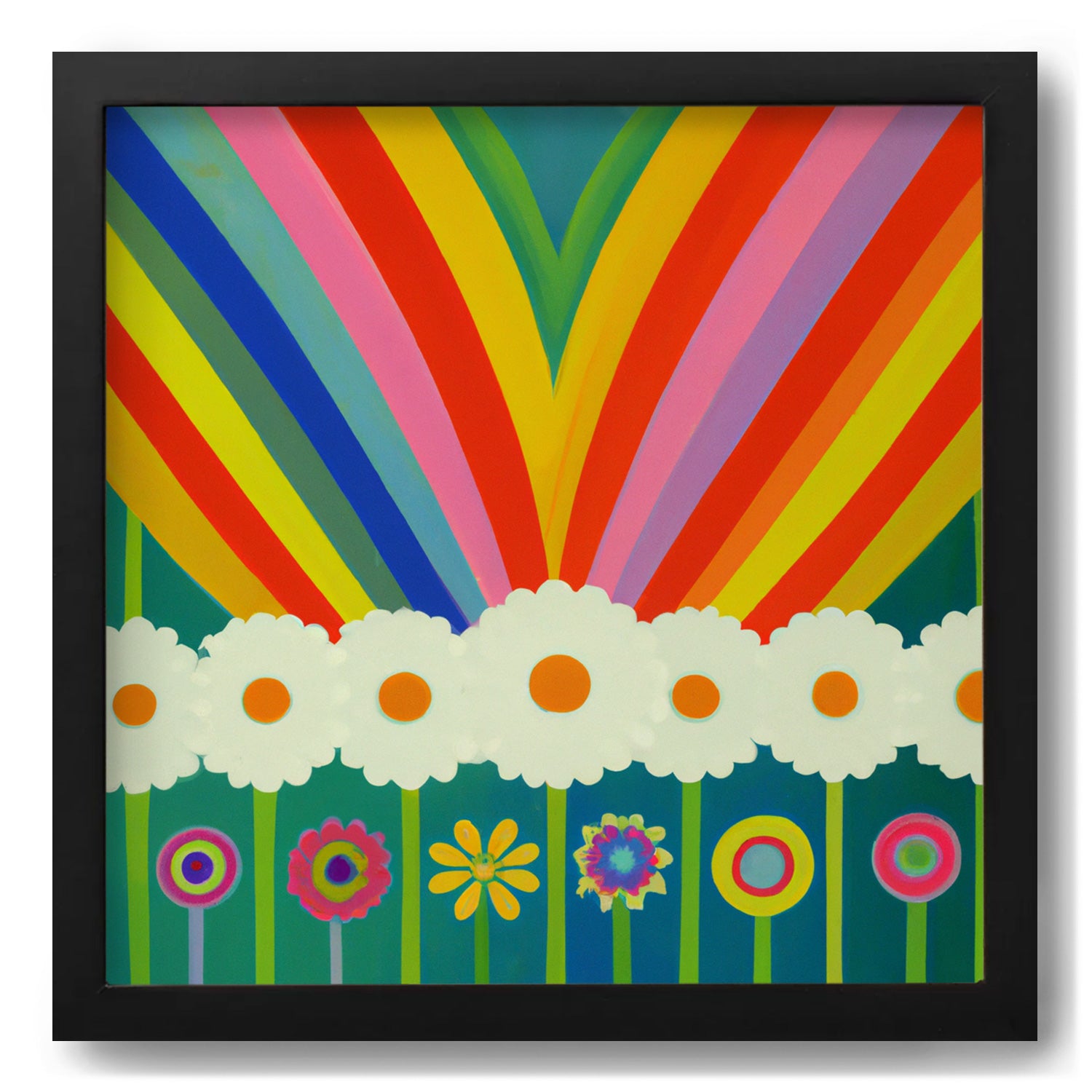 A vibrant framed art print of "If There Was Only One Way" by Stannie & Lloyd with colorful flowers and a rainbow in the background, perfect for adding an artistic touch to your walls.