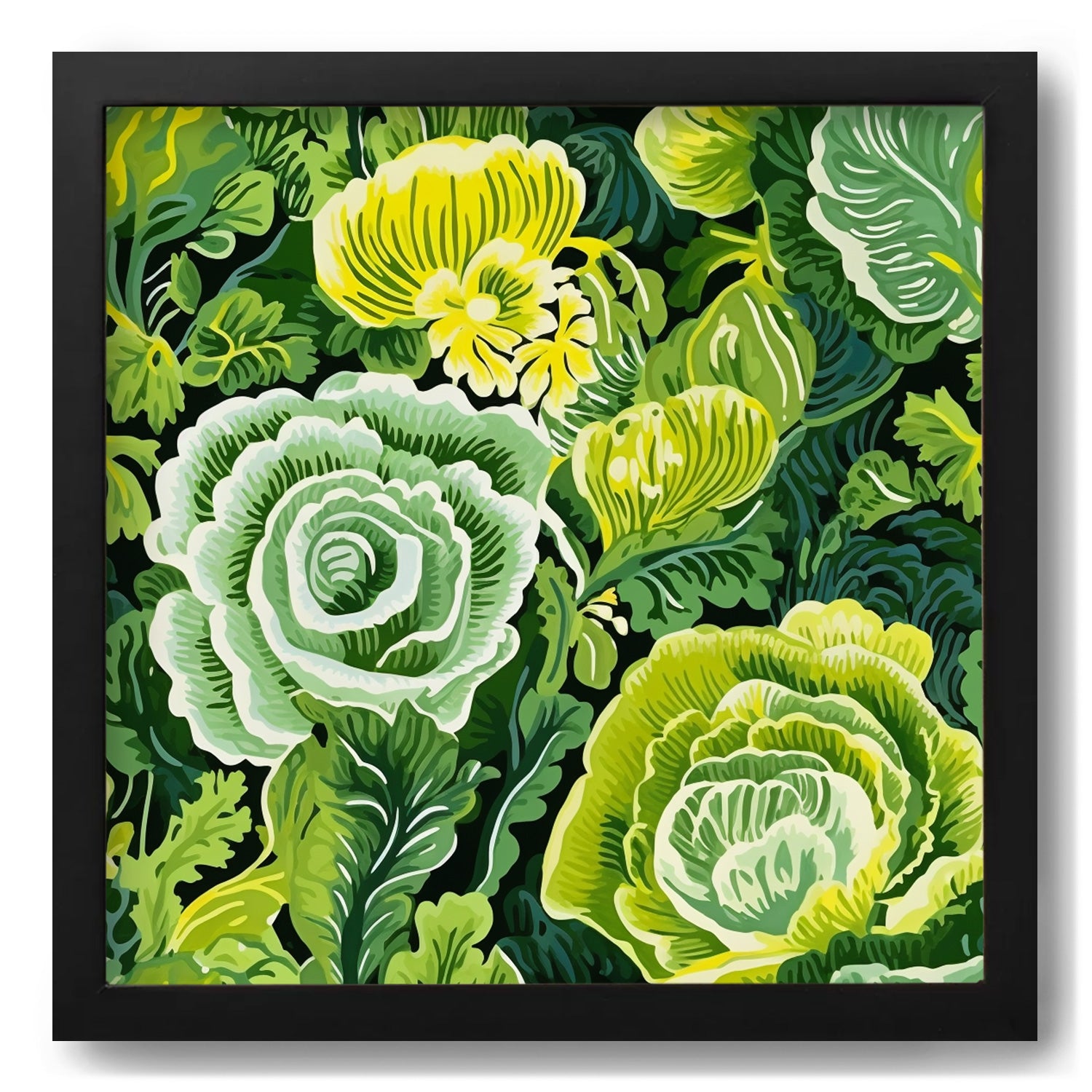 A framed print of Unexpected Bouquet by Stannie & Lloyd with green and yellow flowers.