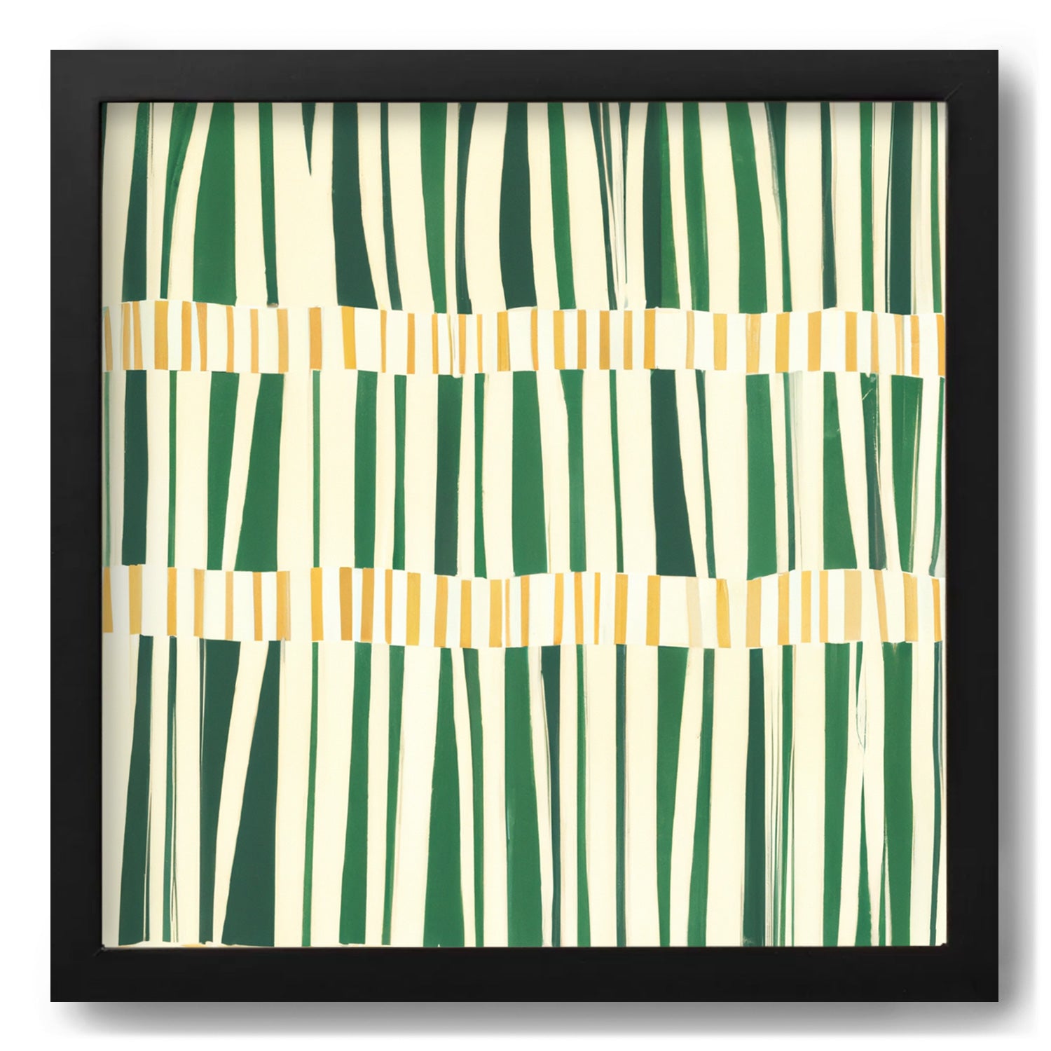 A vintage "The Options Are Many" poster with a black frame and green and yellow stripes on it, by Stannie & Lloyd.