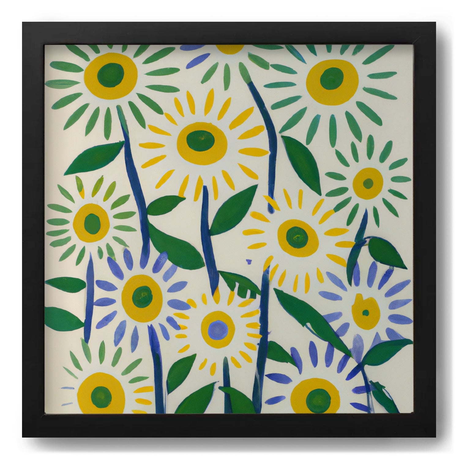 A vintage wall art poster of Simple But Not Easy sunflowers in a black frame by Stannie & Lloyd.