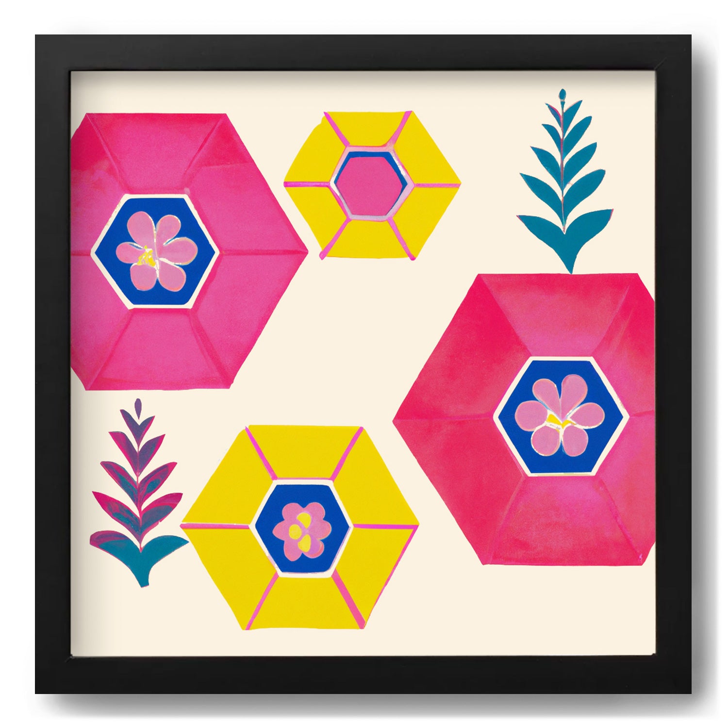 A vintage poster, Sinking Into Sleep by Stannie & Lloyd, with colorful hexagons and flowers, perfect for decorating walls with art.