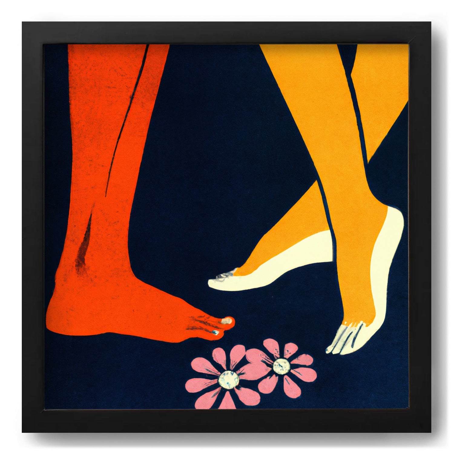 Maximalist wall decor featuring "Do You Come Here Often" by Stannie & Lloyd, a pair of feet and flowers on a blue background.