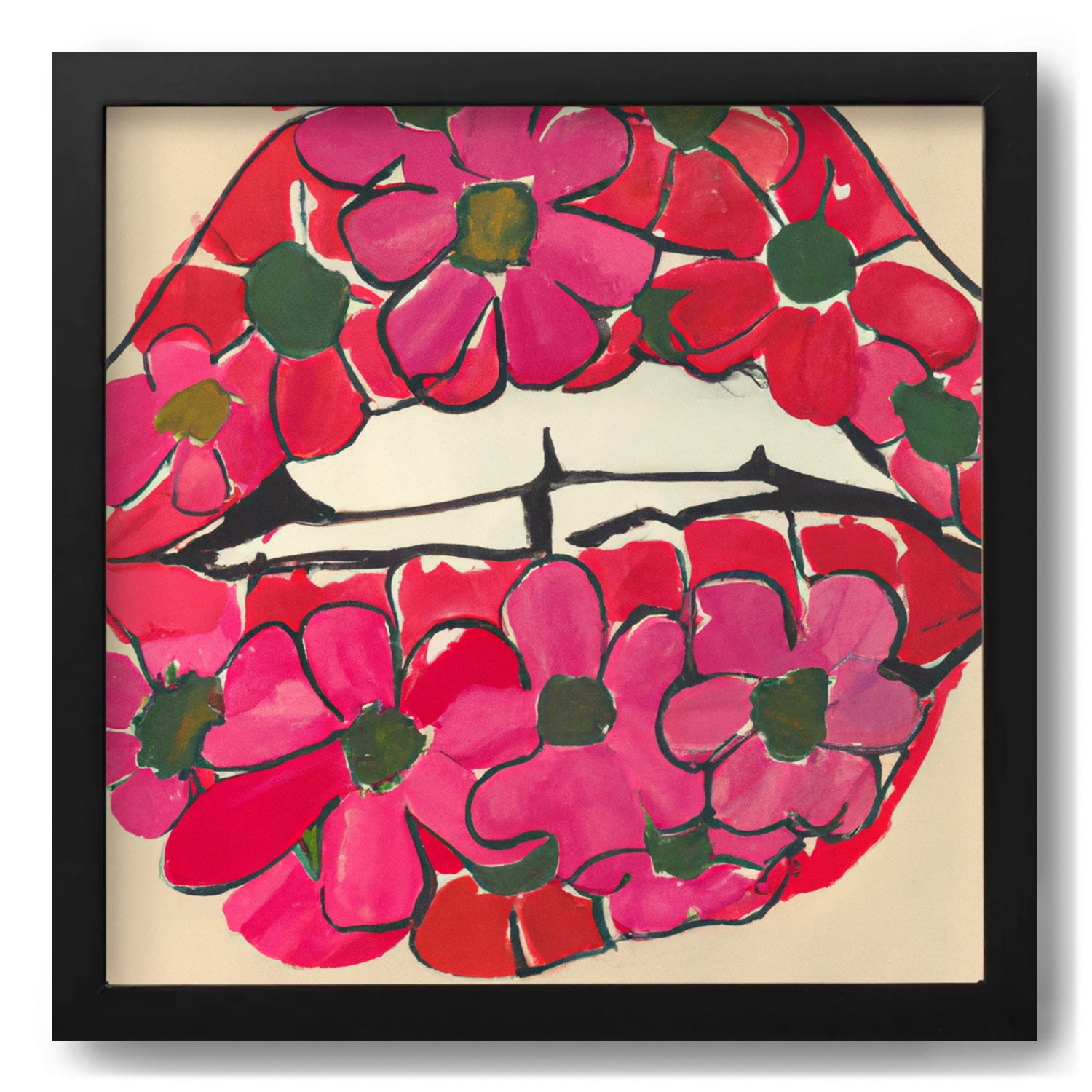 A vintage Slipping and Thinking of You wall art print featuring lips with flowers by Stannie & Lloyd.