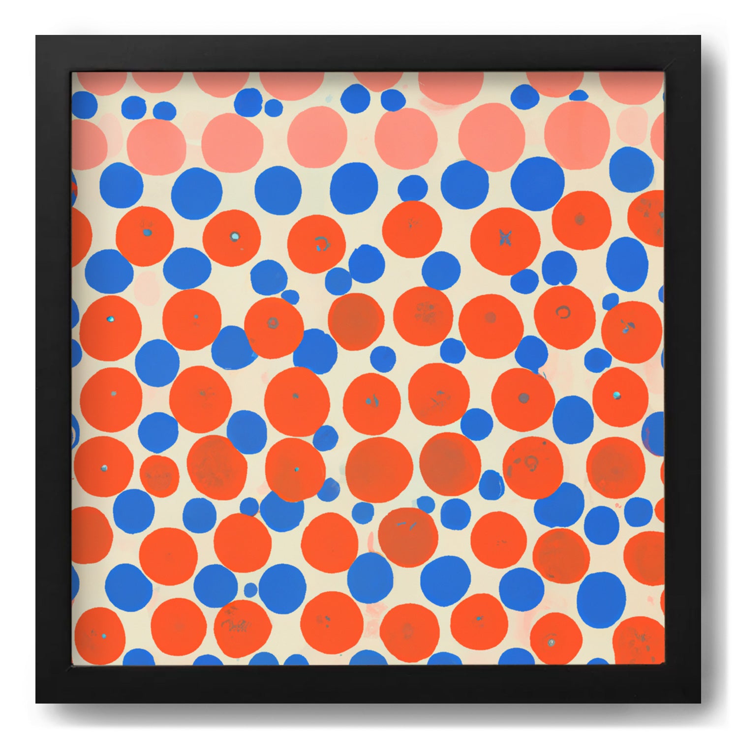 A vibrant orange and blue polka dot Evanescent framed art print, perfect for adding a pop of color to your living room wall decor from Stannie & Lloyd.