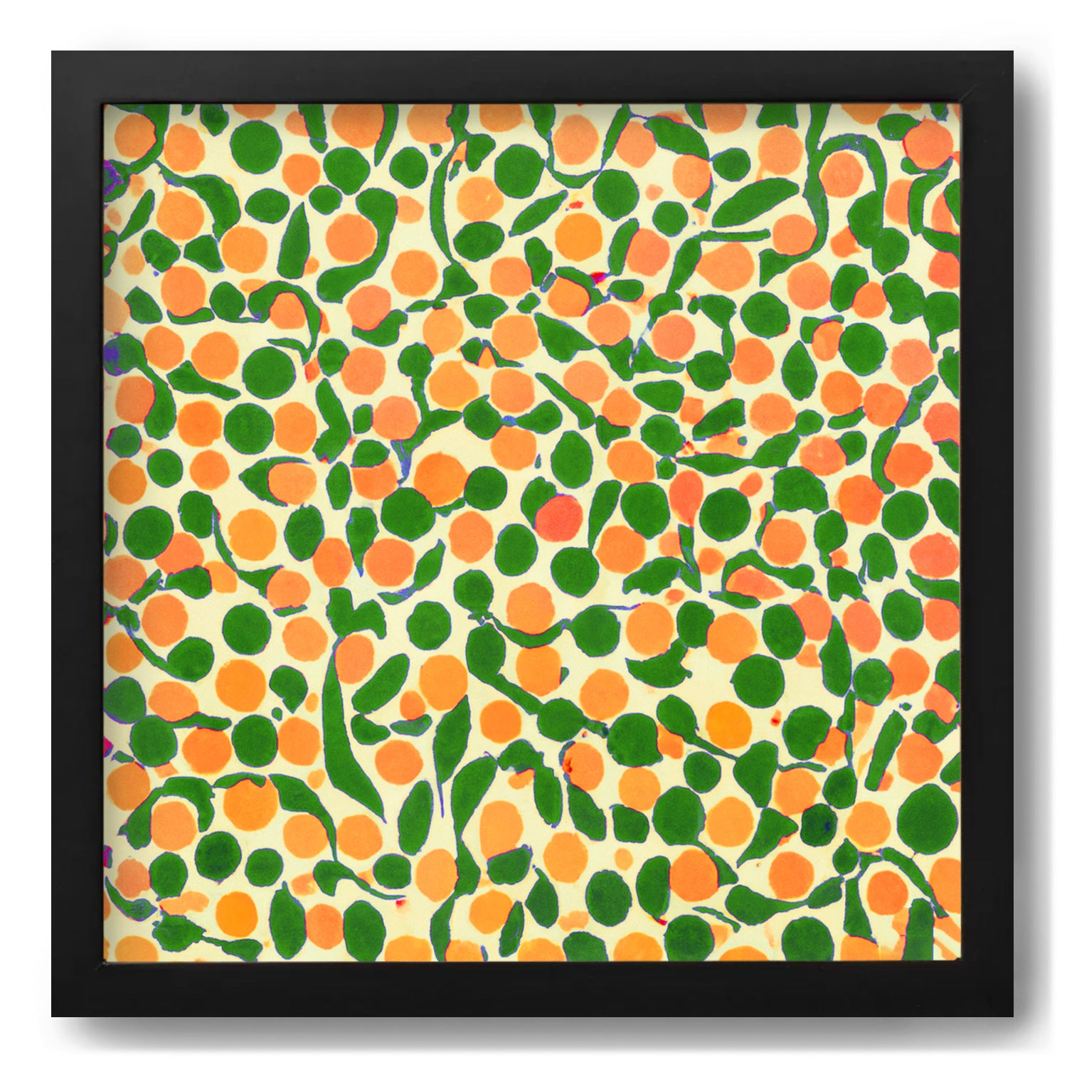 A black frame with orange and green dots on it, perfect for Where the Grass is Supposed to Be prints and vintage poster enthusiasts. Made by Stannie & Lloyd.