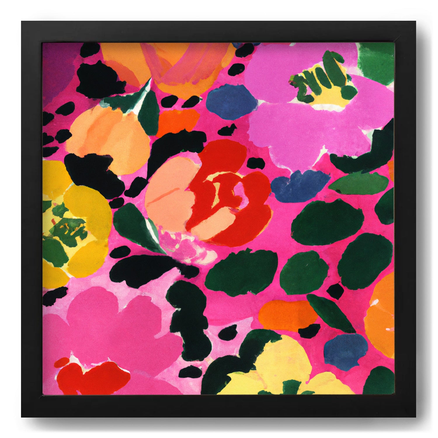 A pink and yellow Phlora floral print in a black Stannie & Lloyd frame is the perfect addition to your walls with art.