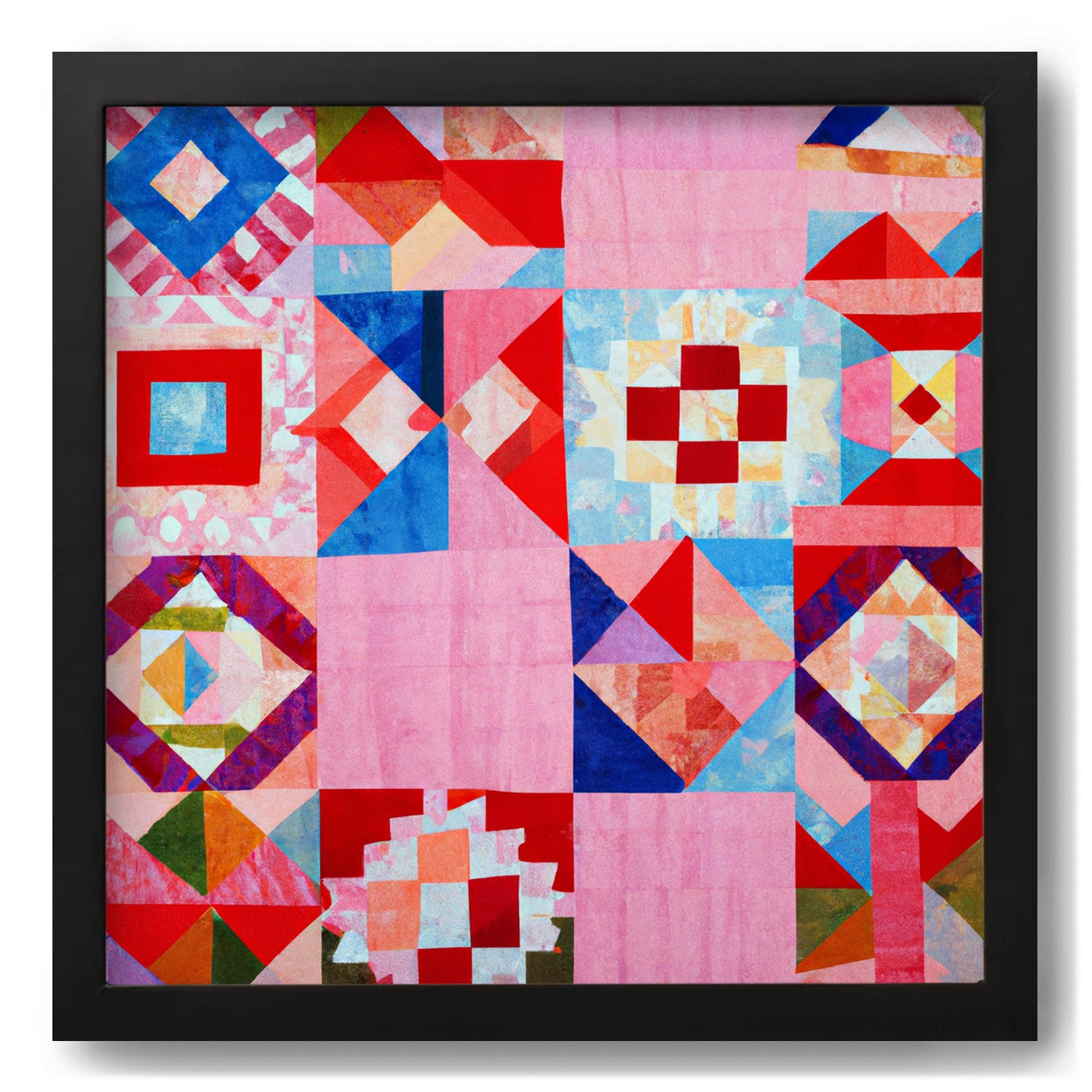 A framed piece of quilted fabric in pink, blue and green named "The Best Friends Are..." by Stannie & Lloyd.