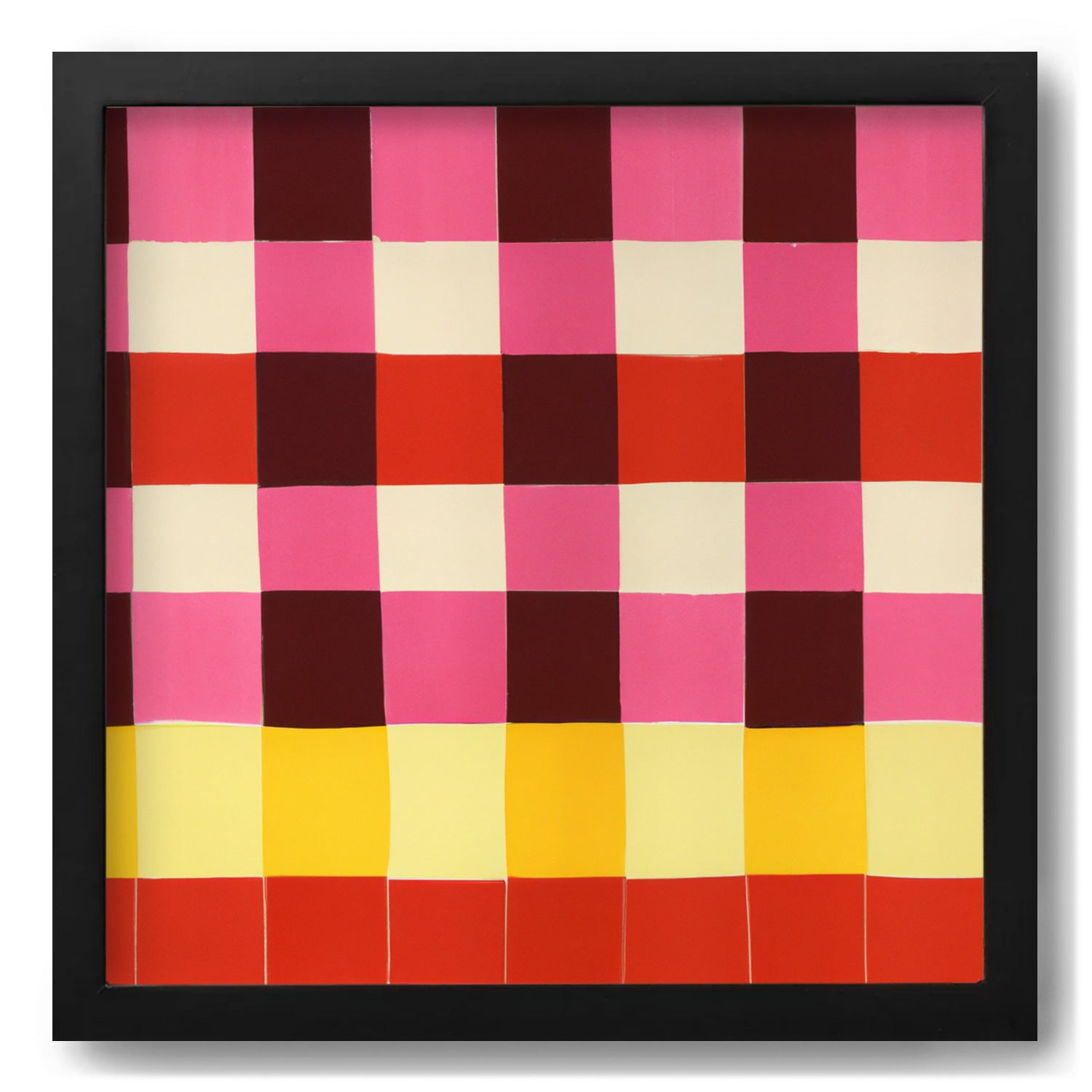 A framed piece of Stannie & Lloyd's Tarte Tartan modern wall art with a pink, yellow, and brown checkered pattern.