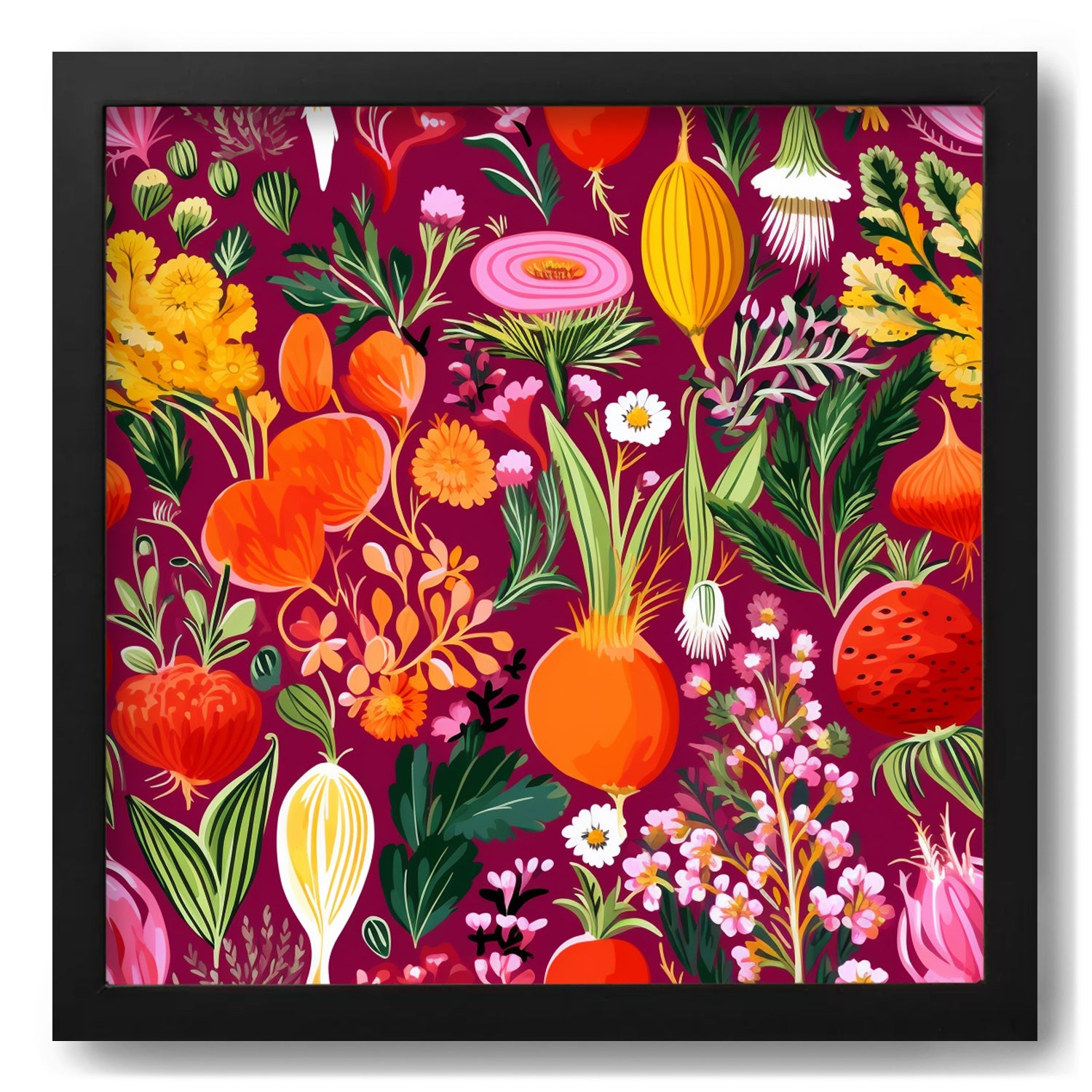 A framed print of fruit and vegetables on a red background is a Stannie & Lloyd Soup prints.