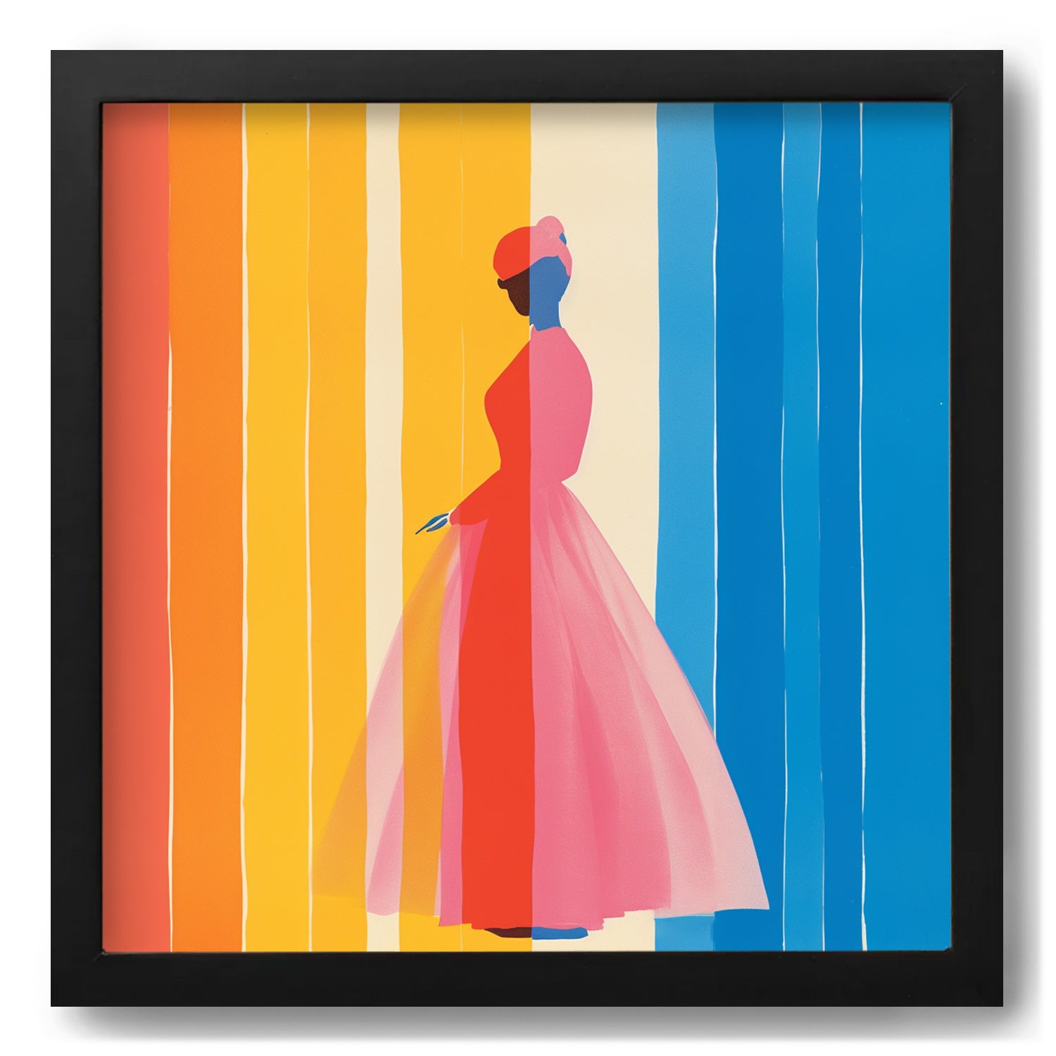 A vintage Refracted art print poster of a woman in a colorful dress, perfect for decorating walls with Stannie & Lloyd art.