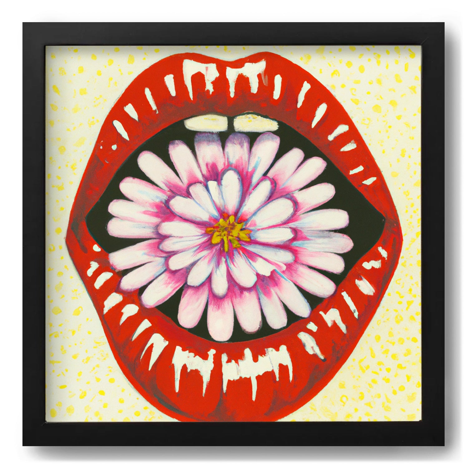 A vintage Let Your Words Be Sweet When They Leave Your Lips wall art print by Stannie & Lloyd featuring a painting of a mouth with a flower in it.