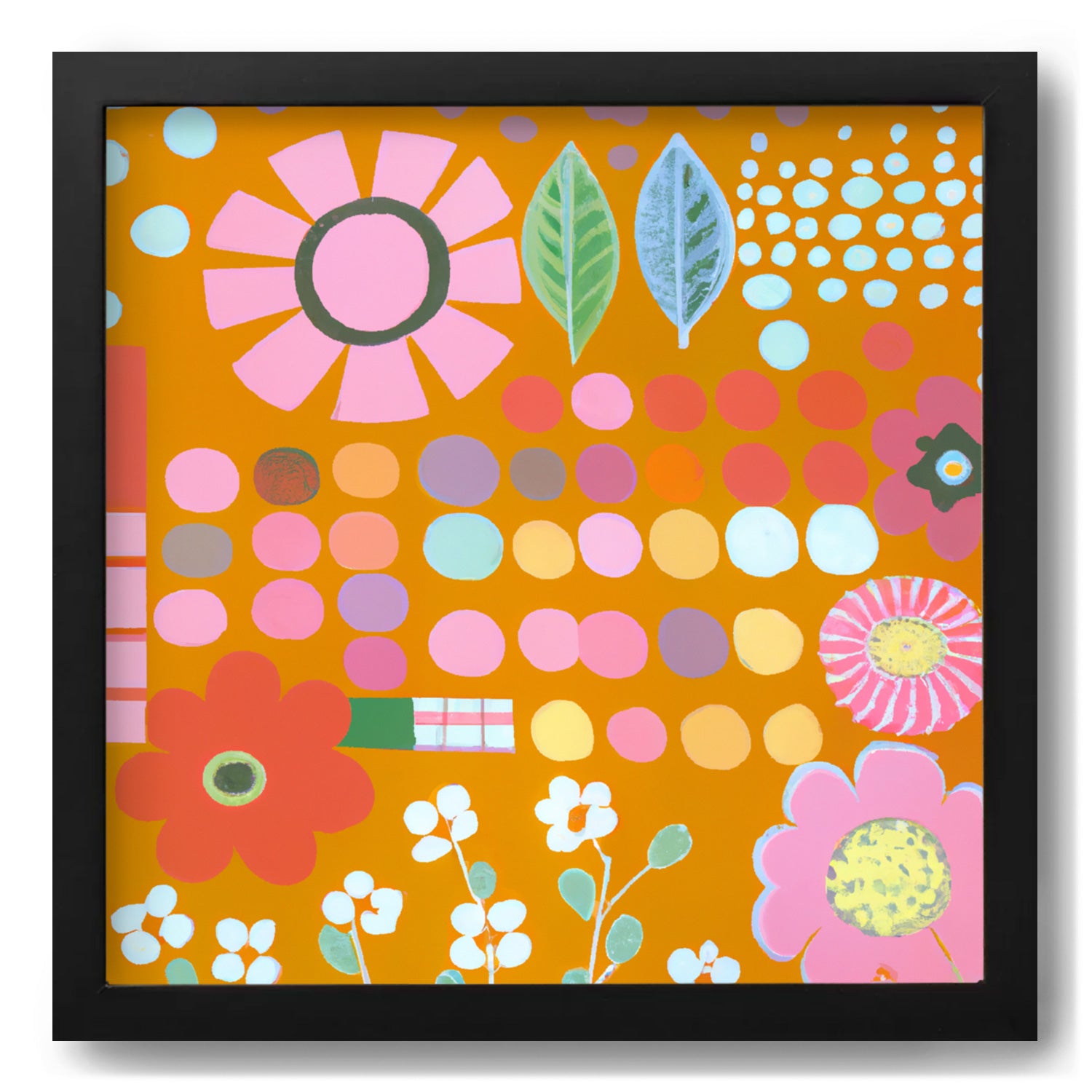 A vibrant art print showcasing colorful flowers on an orange background, perfect for adding a pop of color and vitality to your wall decor - Stannie & Lloyd's "I've Drifted Off to Sleep Again".