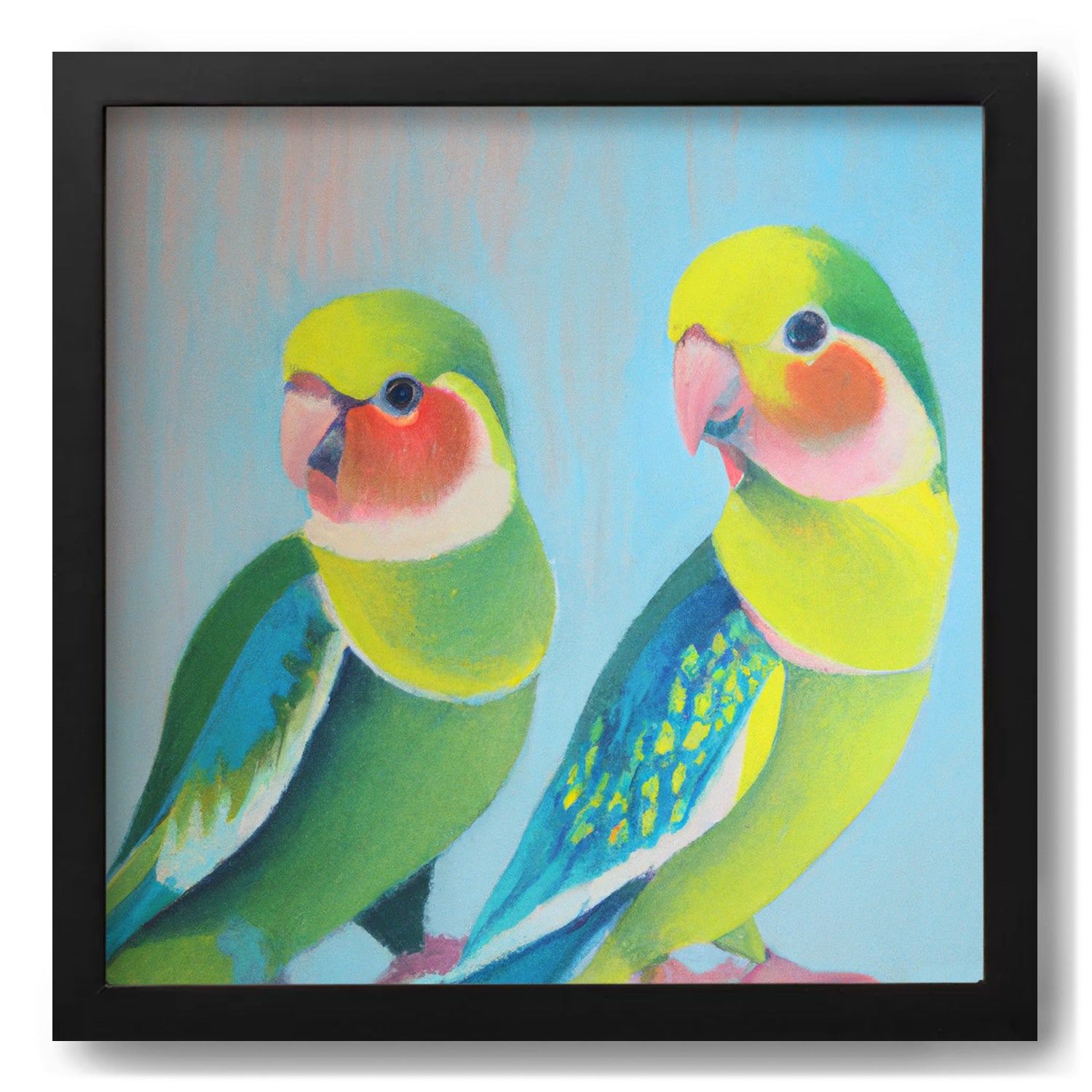 A colorful painting of two vibrant parrots in a black frame, perfect for walls adorned with art or to complement maximalist decor. The "It Takes Two to Make a Thing Go Right" artwork by Stannie & Lloyd is available in art prints as well.