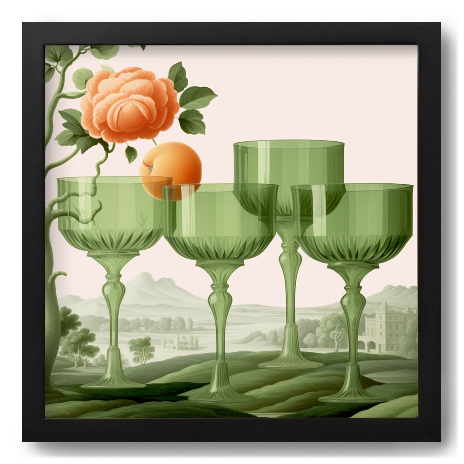 Three When I Last Drank Champagne wall art and print of green wine glasses with a peach in the background by Stannie & Lloyd.