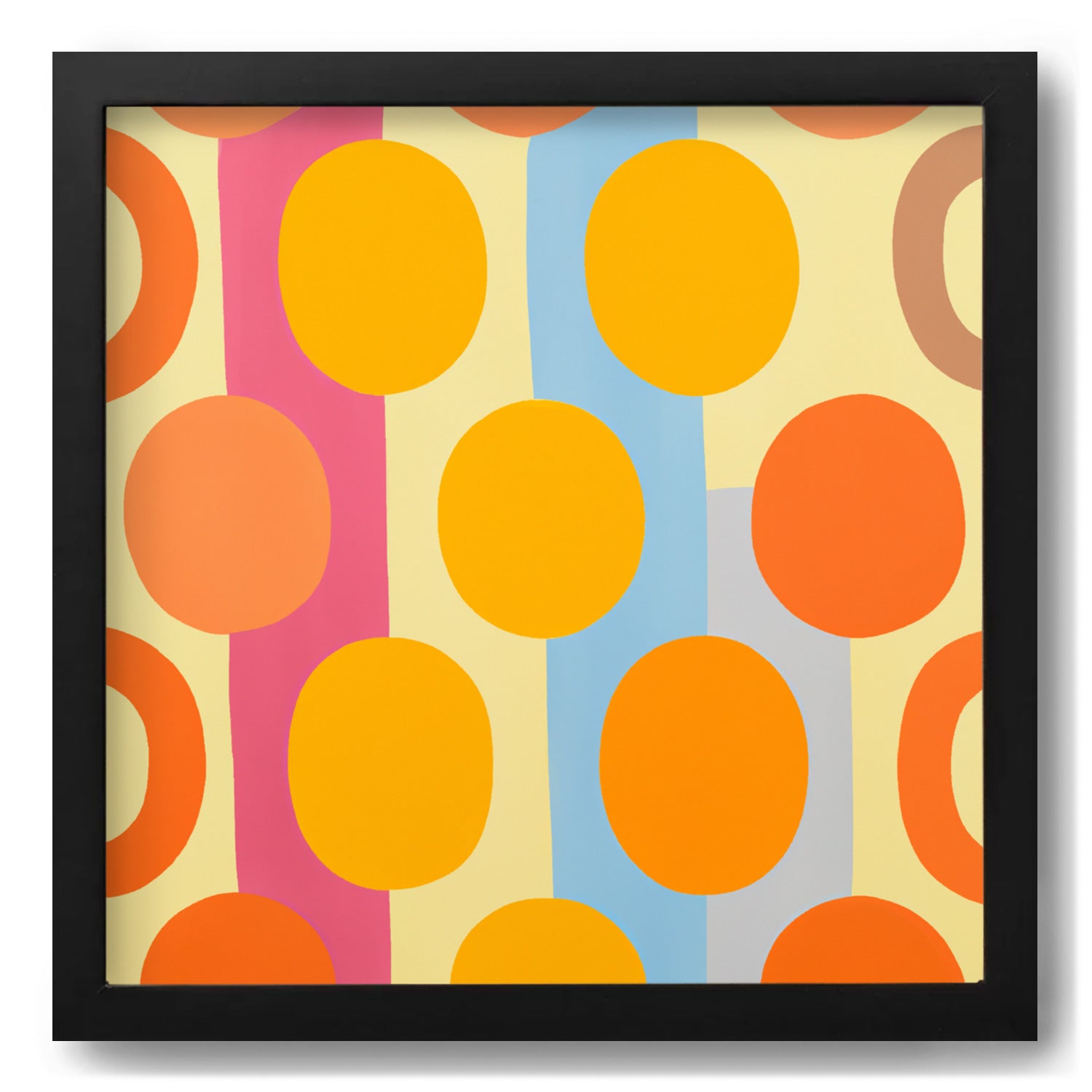 A black frame with vibrant orange, blue and yellow circles on it, perfect for art prints and wall decor - Stannie & Lloyd's "I Won't Disappear".