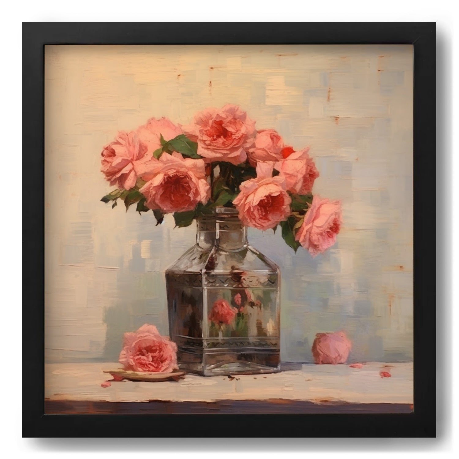 A vintage poster depicting a painting of Perfume Bottle & Roses Study | One by Stannie & Lloyd, offering exquisite wall art prints for your walls.