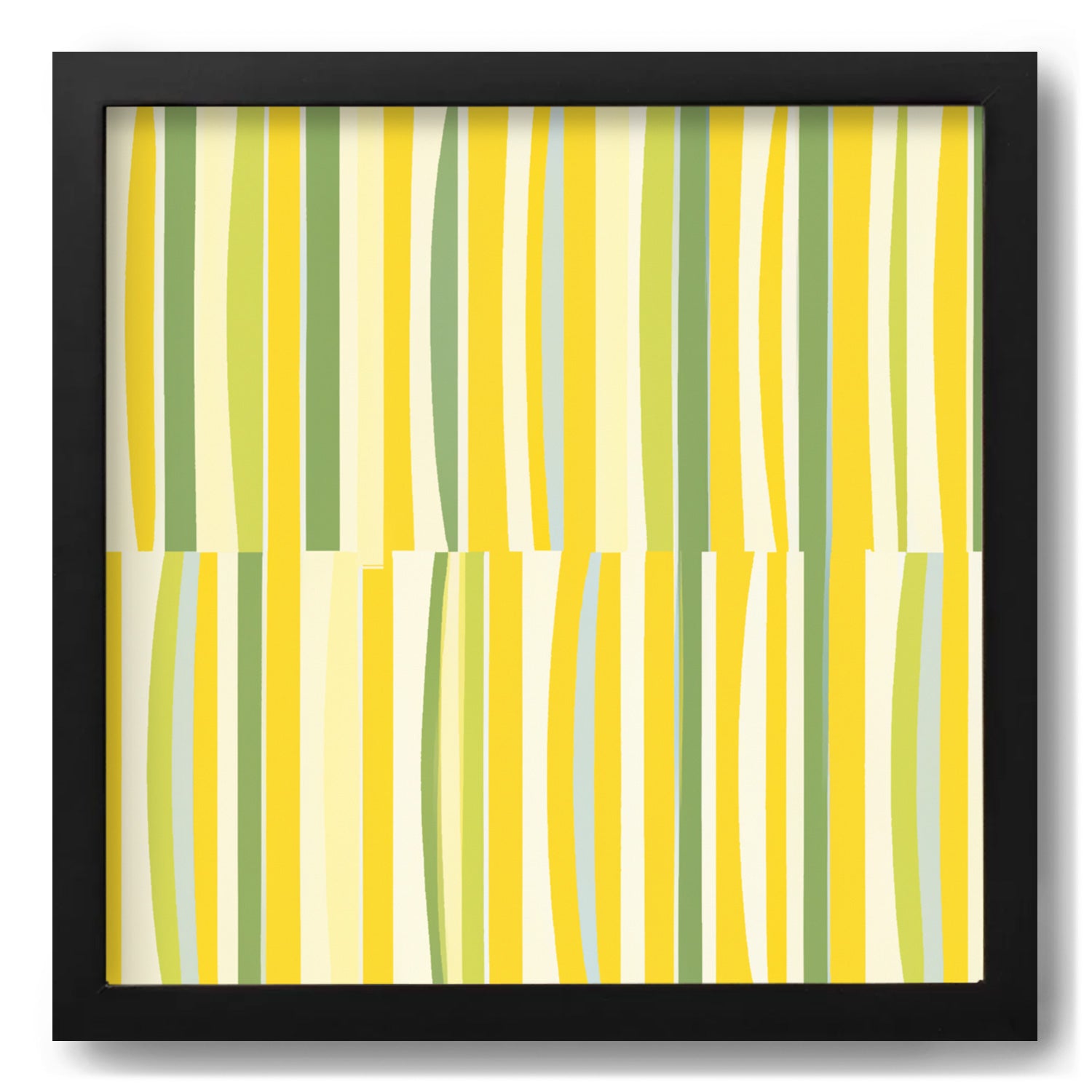 A modern Stalks Reduced yellow and green striped wall art in a black frame. Brand name: Stannie & Lloyd.