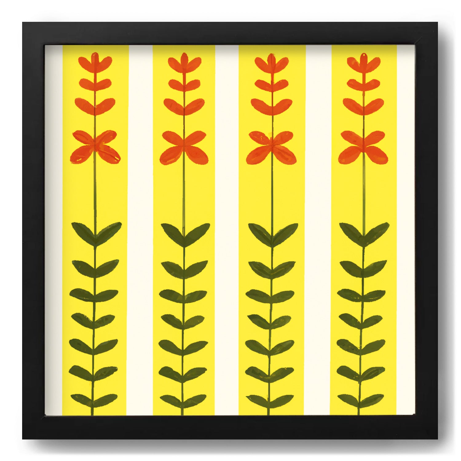 A vintage poster with Jaune 09 framed print and red flowers by Stannie & Lloyd.