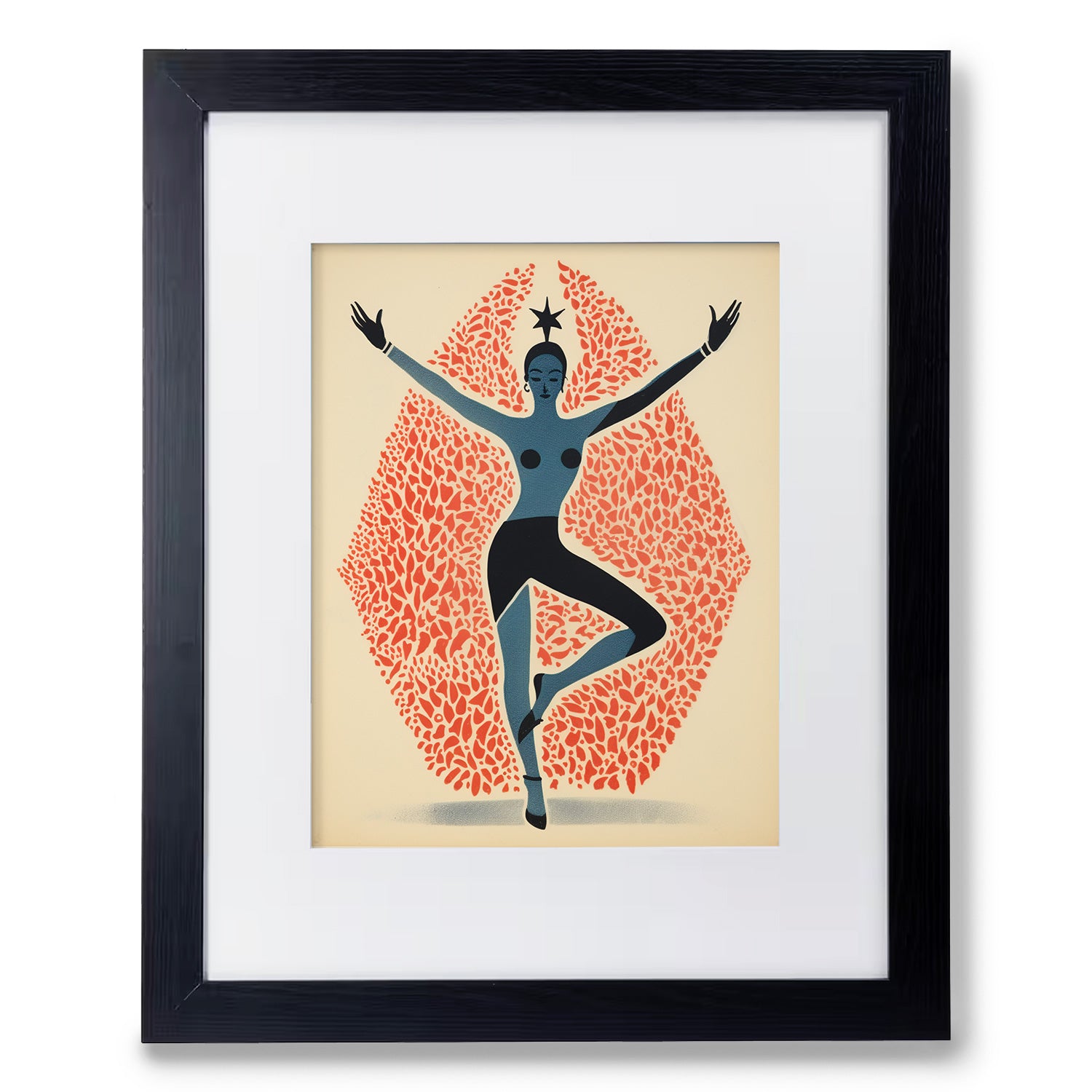 A Stannie & Lloyd Vivre framed art print of a woman in a yoga pose, encased in a wood frame.